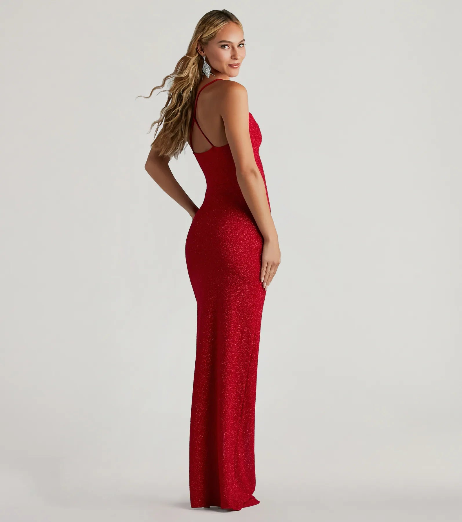 Amirah Formal Glitter Cowl Neck Column Dress - RED