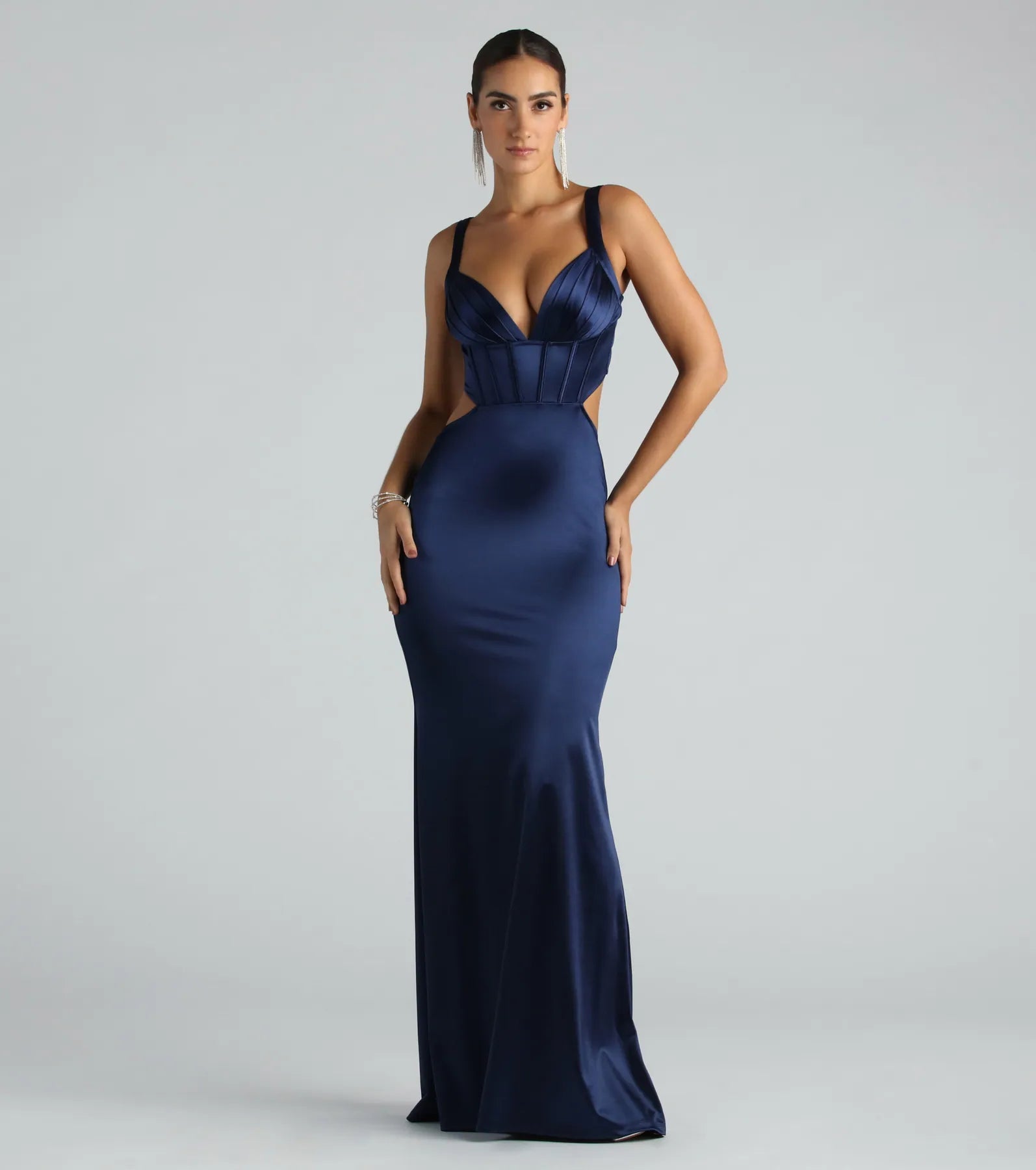 Sloane Satin Corset Formal Dress - NAVY