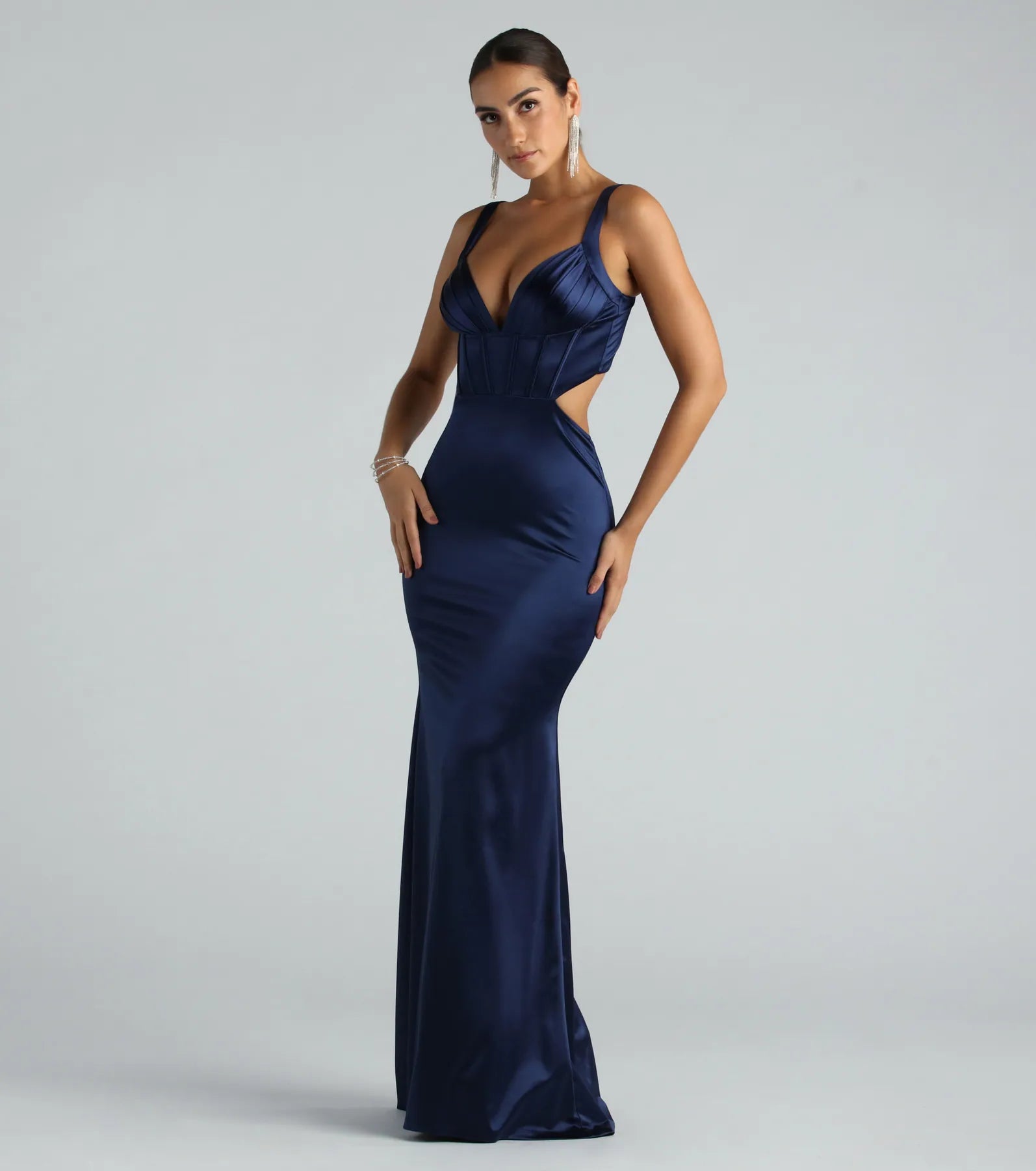 Sloane Satin Corset Formal Dress - NAVY