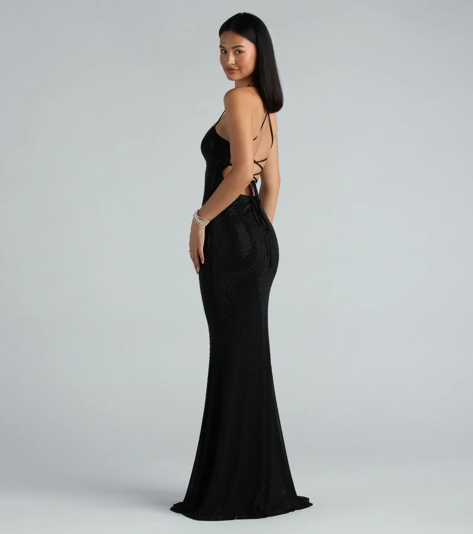 Blair Lace-Up A-Line Rhinestone Formal Dress - BLACK