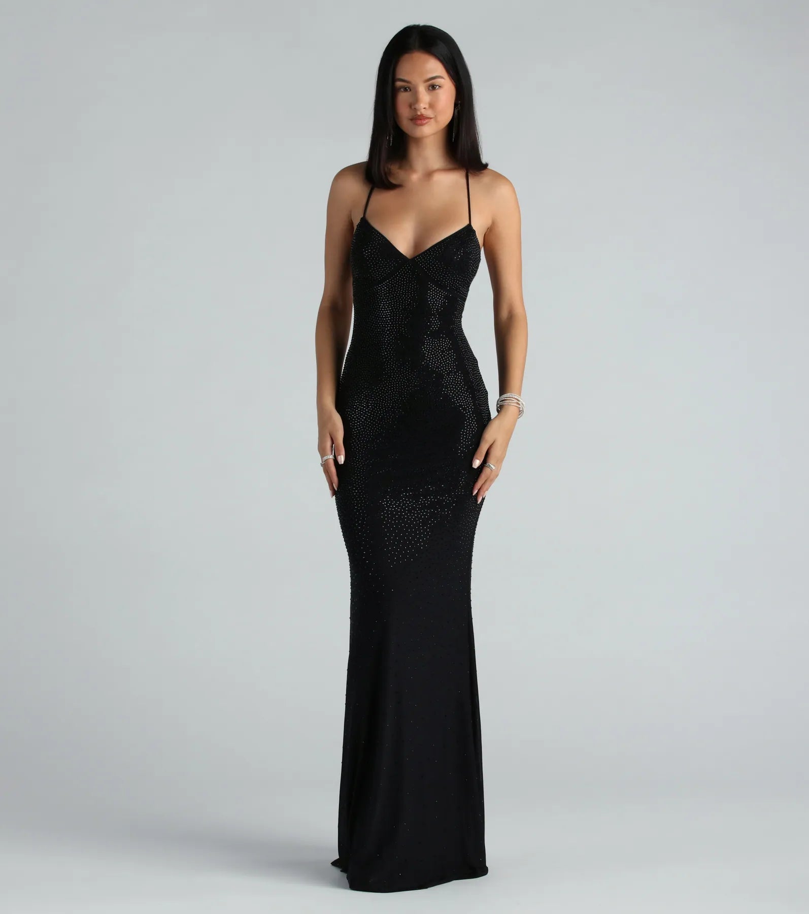 Blair Lace-Up A-Line Rhinestone Formal Dress - BLACK