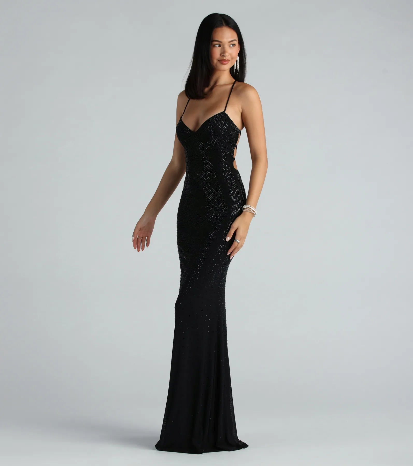 Blair Lace-Up A-Line Rhinestone Formal Dress - BLACK