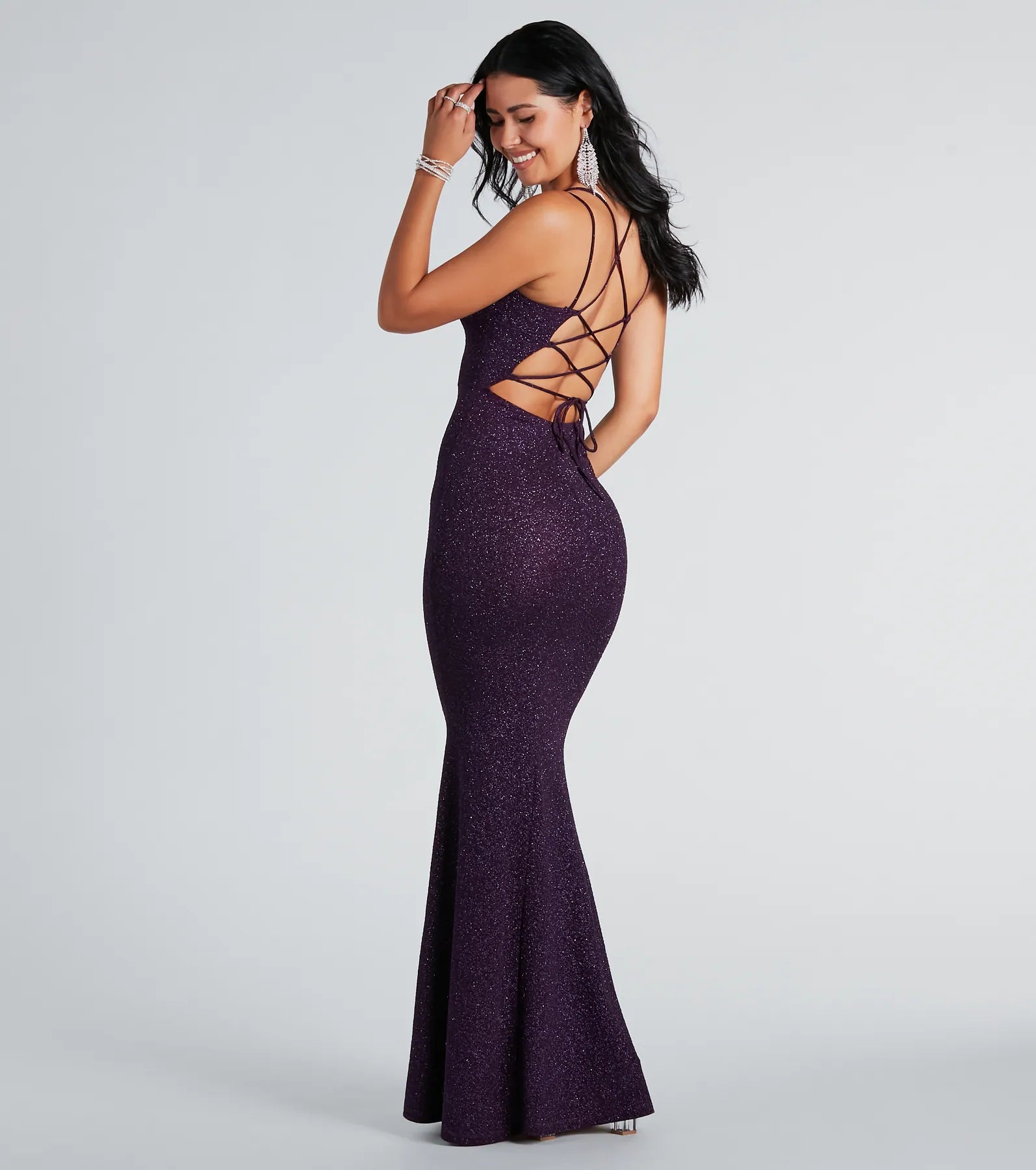 Rachel Formal Glitter Lace-Up Dress - PLUM
