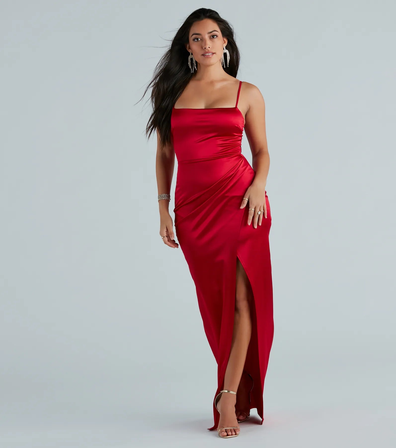 Mayra Formal Satin Slit Long Dress - RED