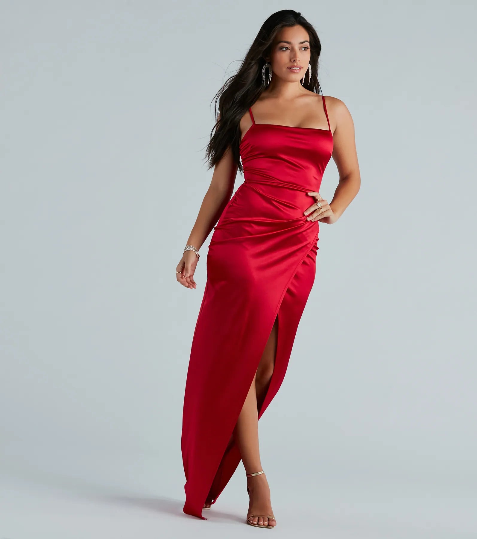 Mayra Formal Satin Slit Long Dress - RED