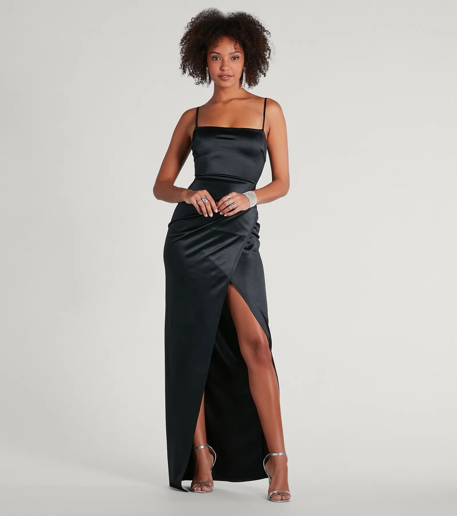 Mayra Formal Satin Slit Long Dress - BLACK
