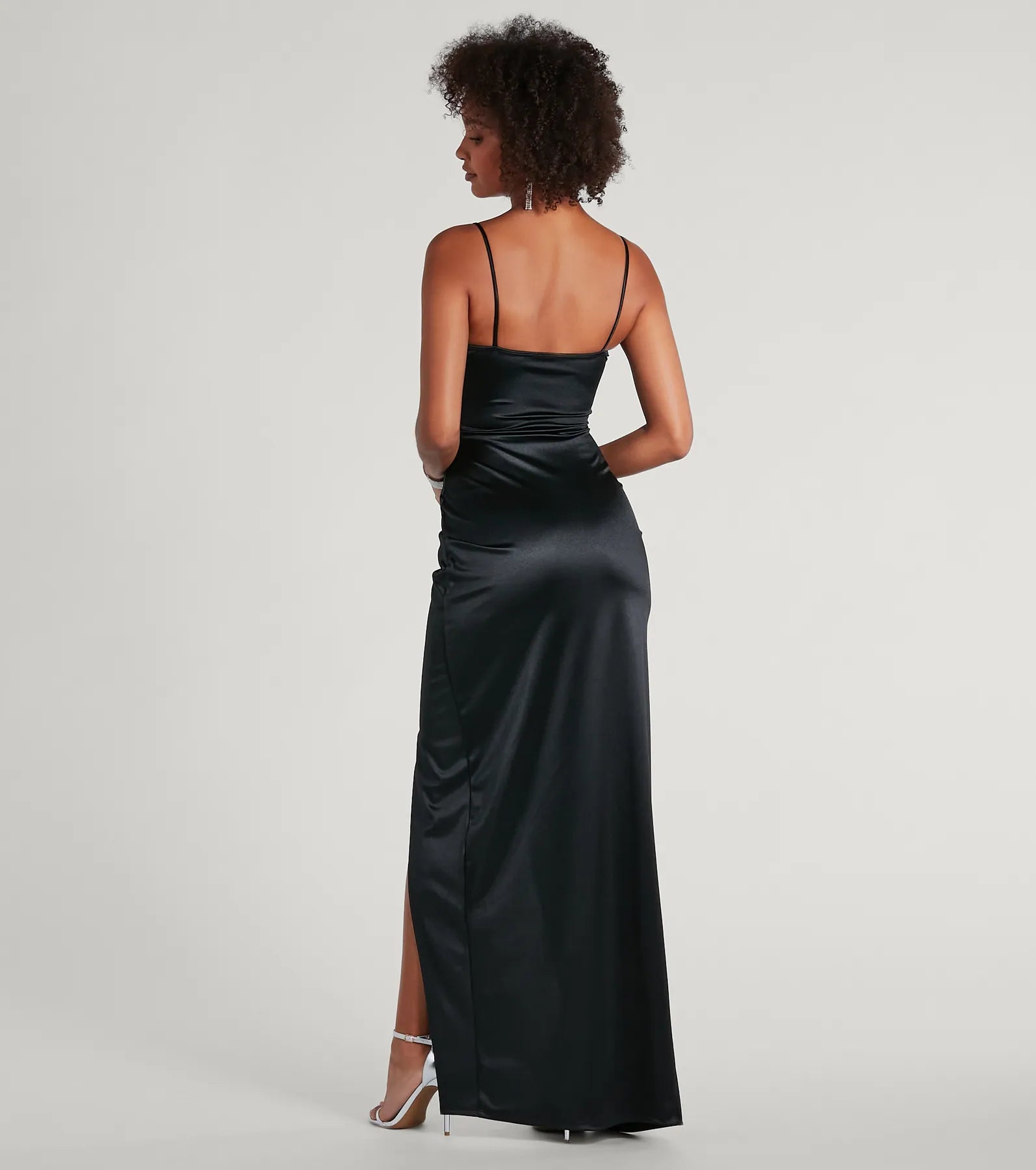 Mayra Formal Satin Slit Long Dress - BLACK
