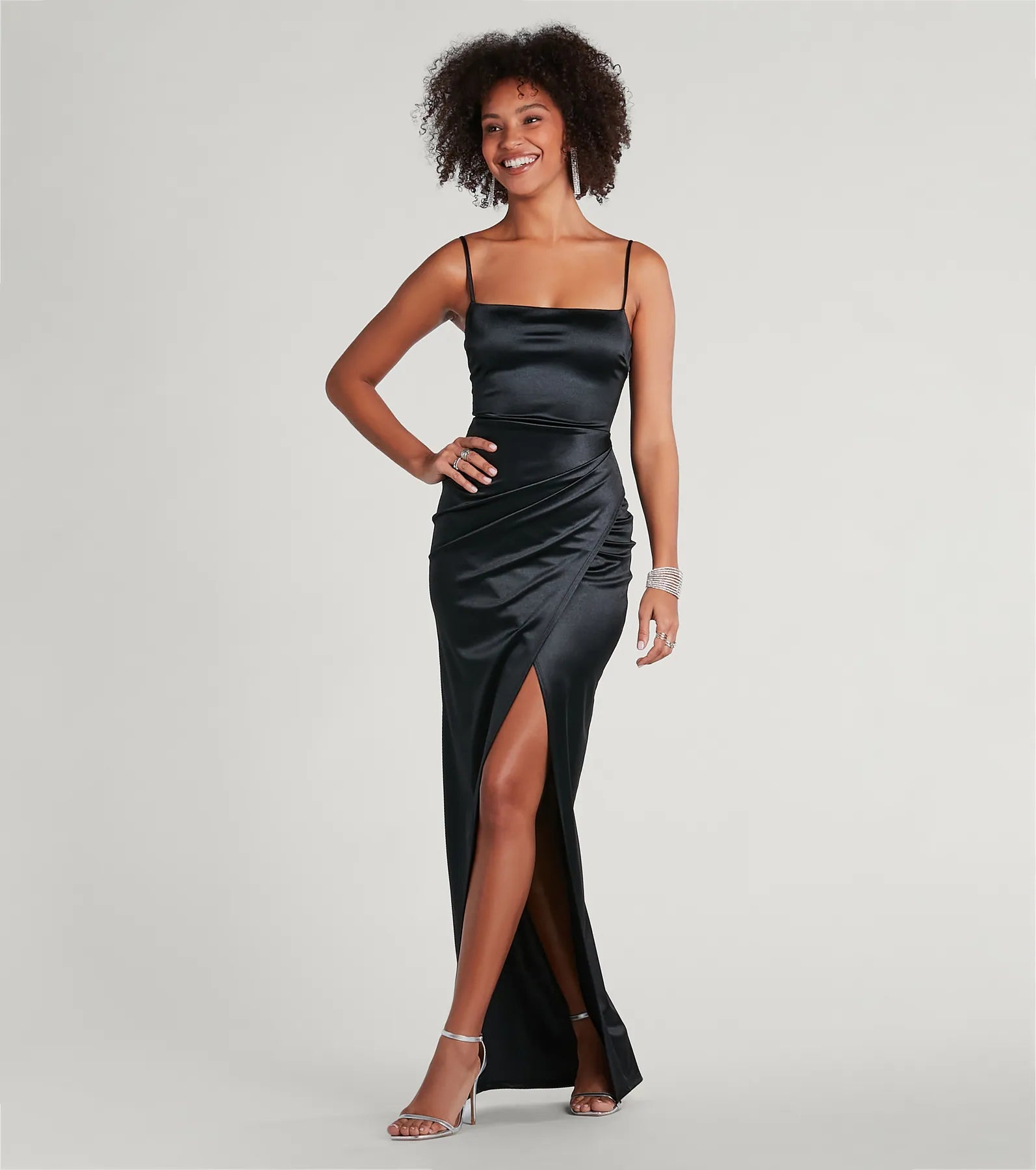 Mayra Formal Satin Slit Long Dress - BLACK