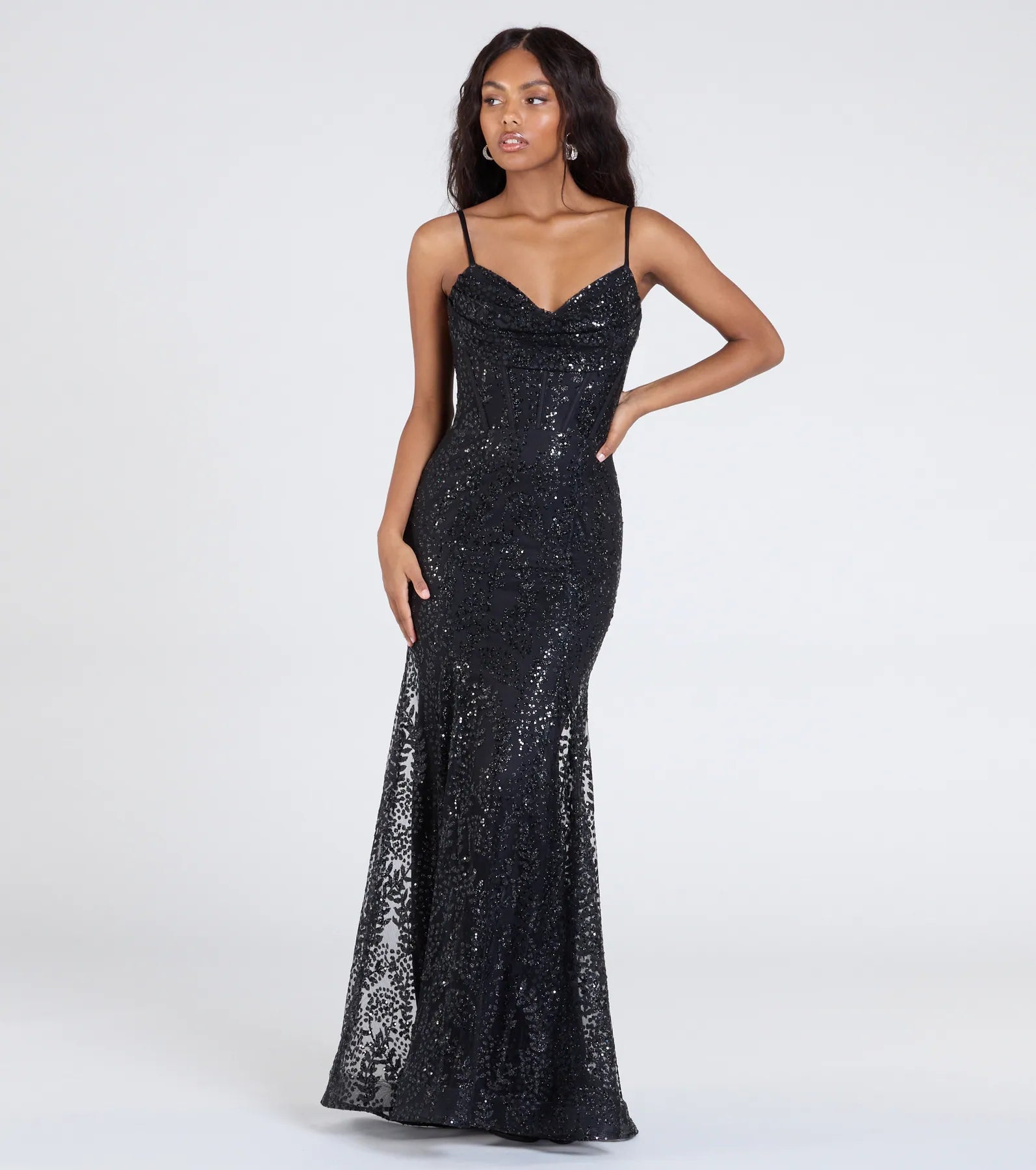 Anna Bustier Mermaid Glitter Sequin Formal Dress - BLACK
