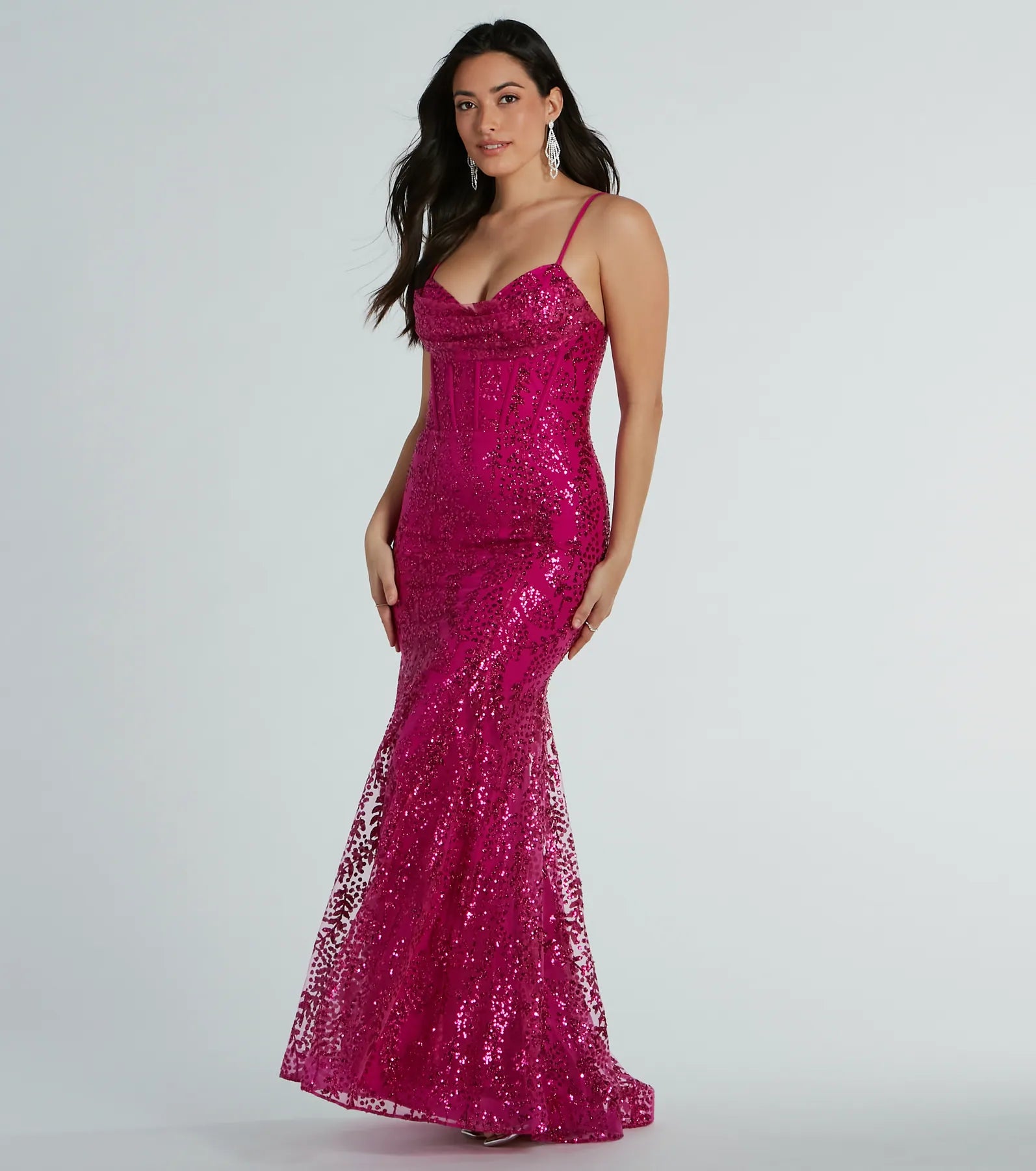 Anna Bustier Mermaid Glitter Sequin Formal Dress - FUCHSIA