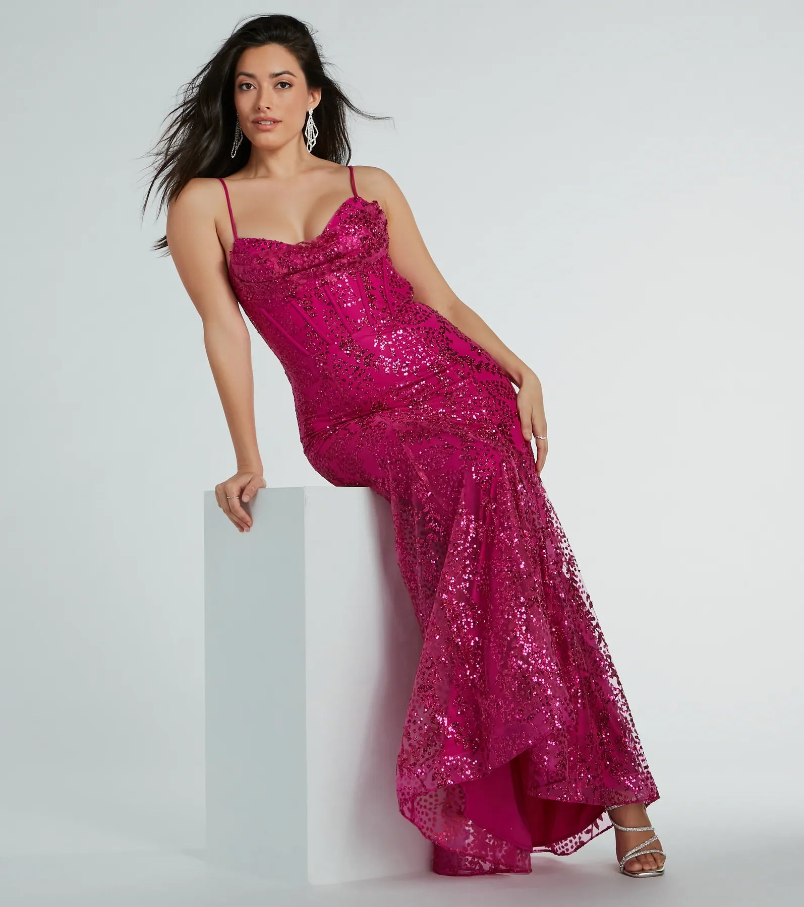 Anna Bustier Mermaid Glitter Sequin Formal Dress - FUCHSIA