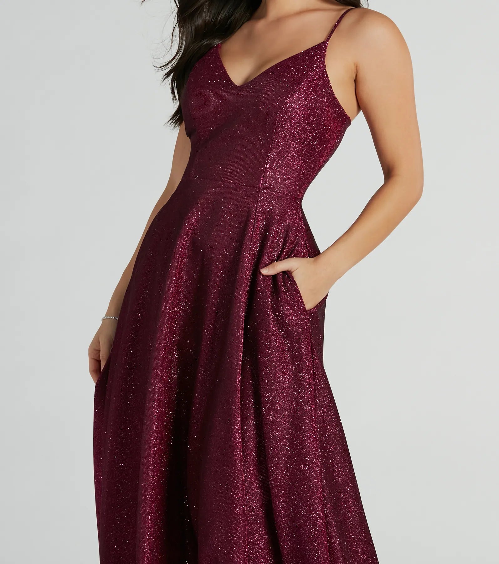 Tanya Formal Glitter A-Line Long Dress - PLUM