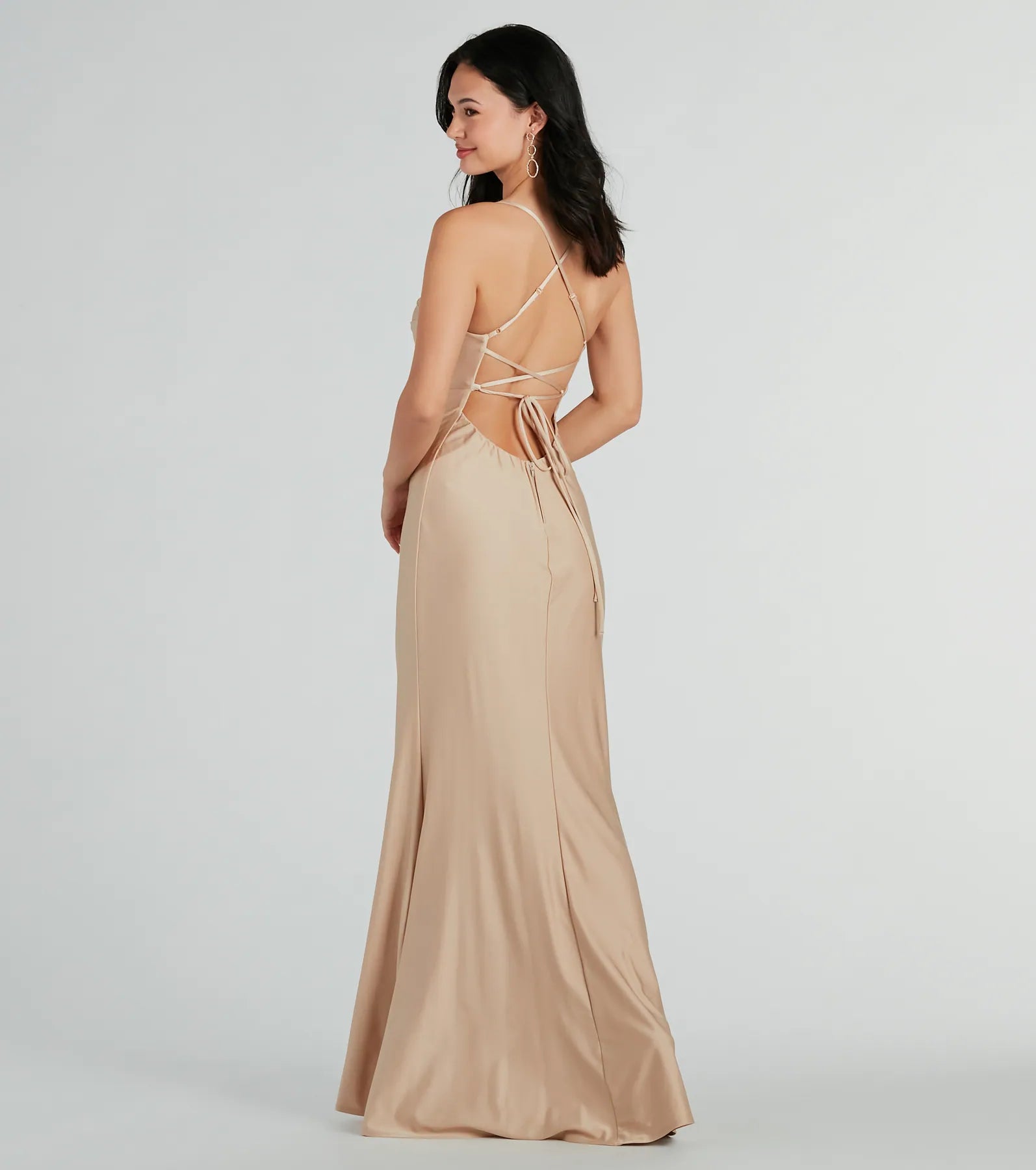 Quincy A-Line High Slit Formal Dress - OATMEAL