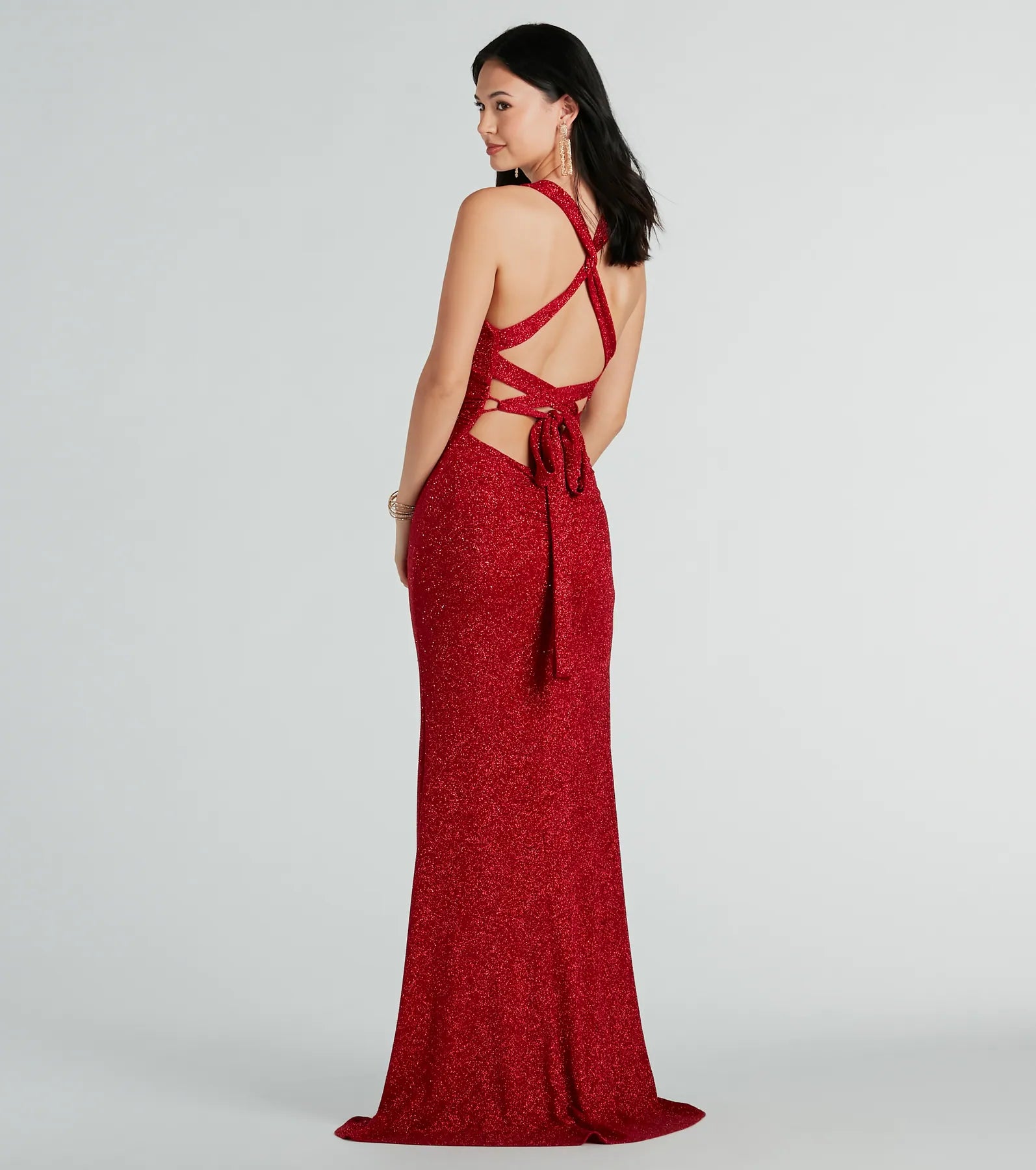 Kat Formal Glitter Lace-Up Column Dress - RED