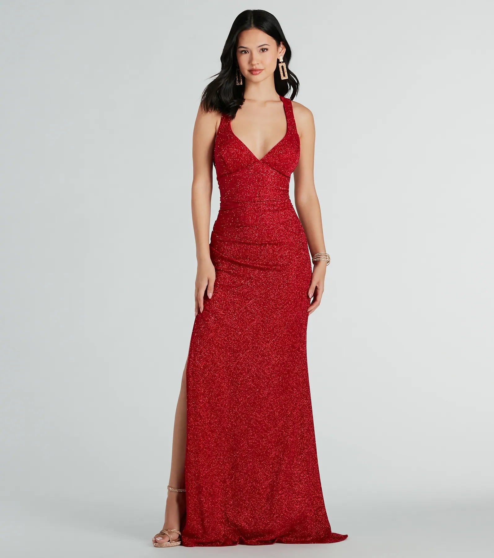 Kat Formal Glitter Lace-Up Column Dress - RED