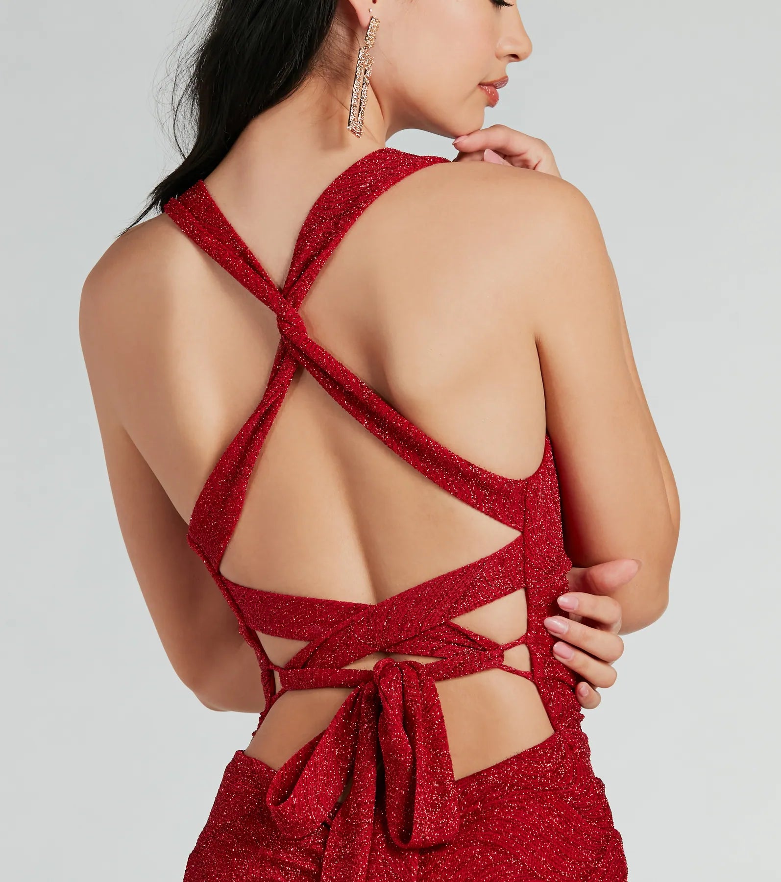 Kat Formal Glitter Lace-Up Column Dress - RED