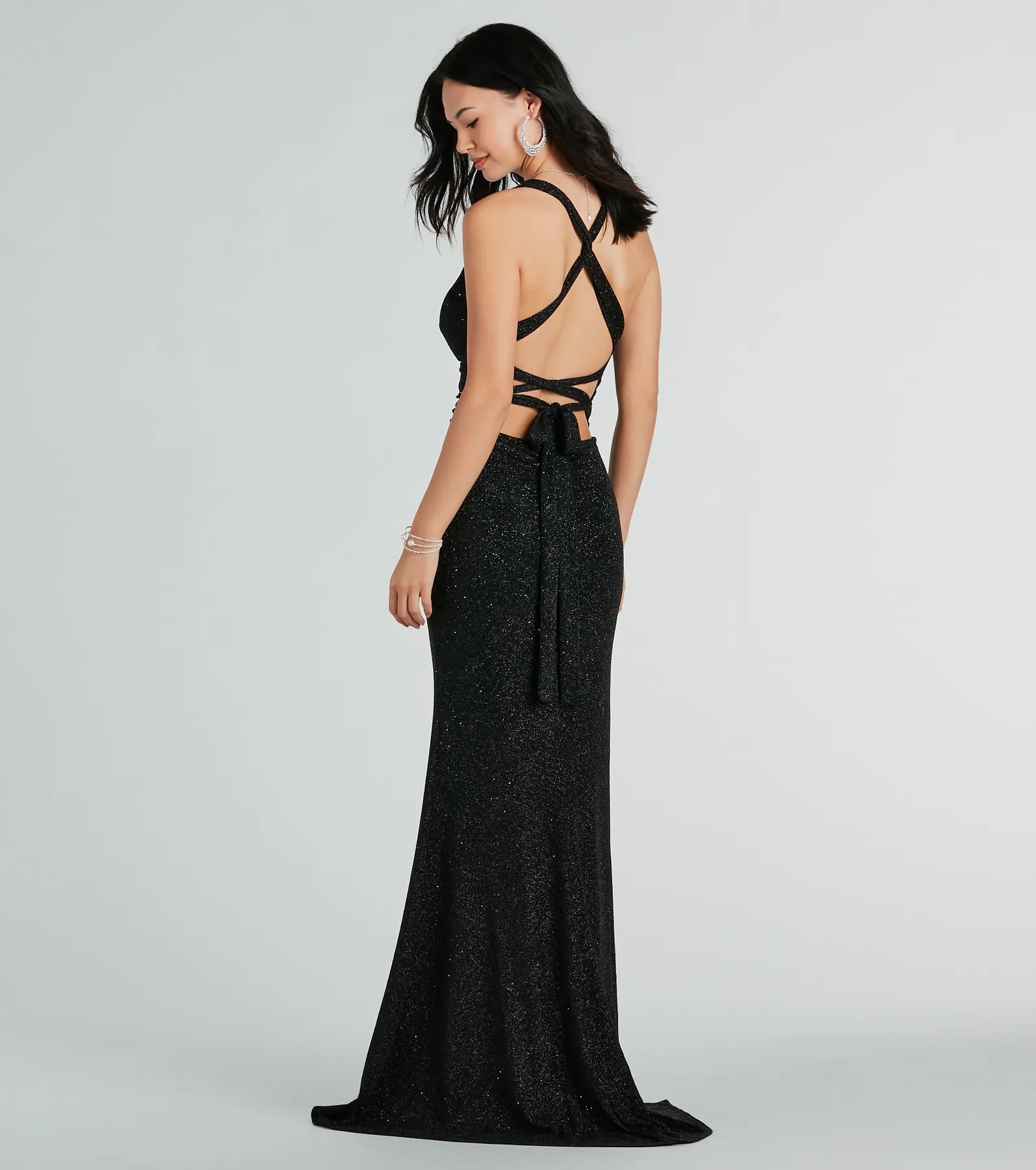 Kat Formal Glitter Lace-Up Column Dress - BLACK