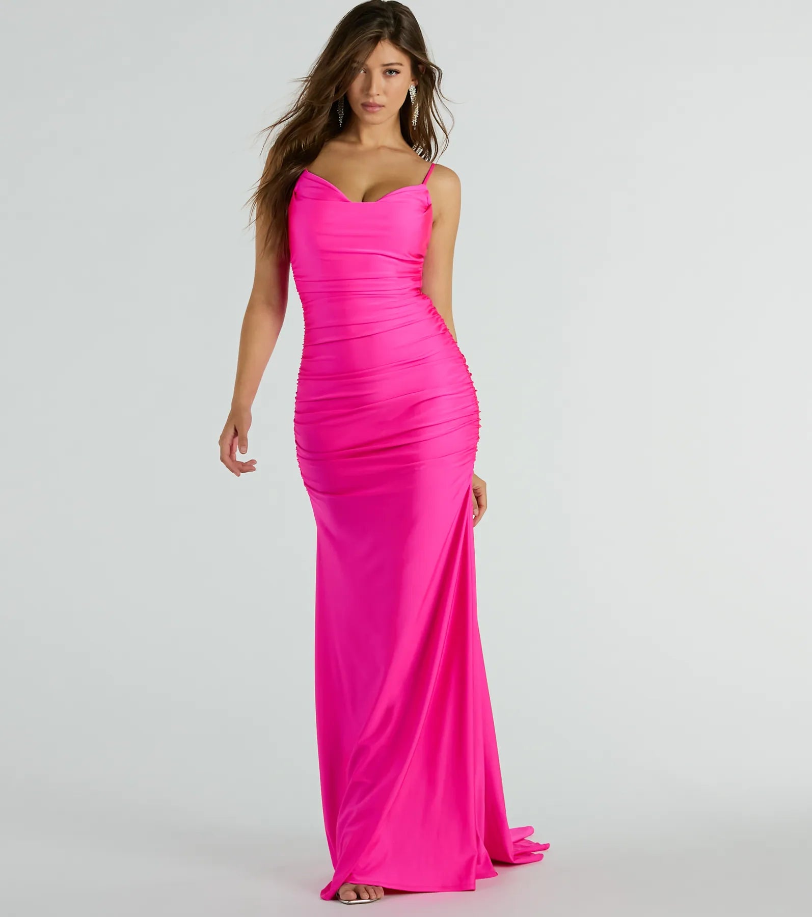 Jamie Formal Cowl Neck Mermaid Dress - NEON PINK
