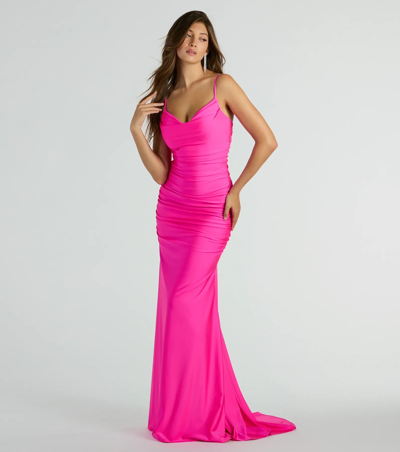 Jamie Formal Cowl Neck Mermaid Dress - NEON PINK
