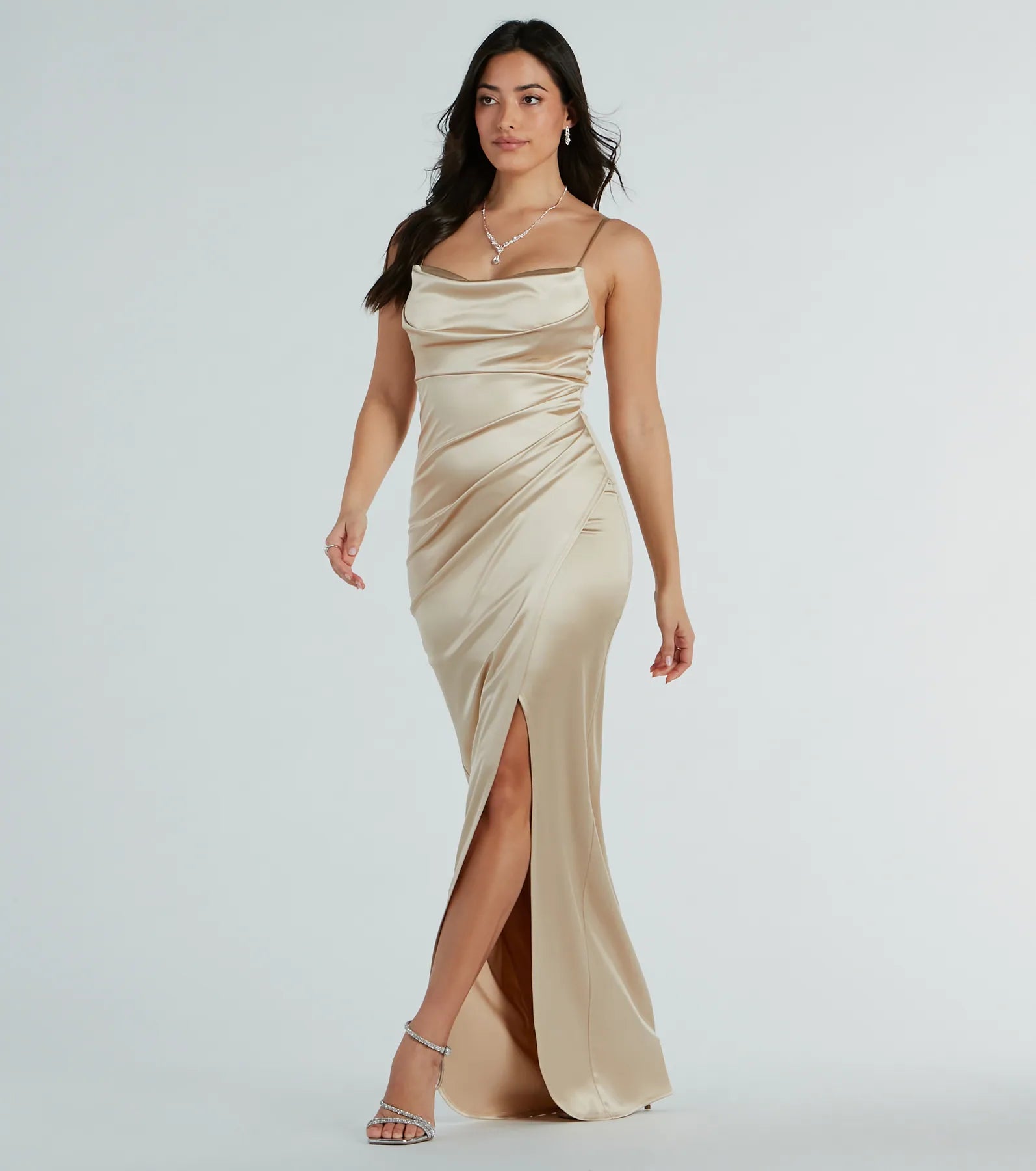 Annabelle Knit Satin Formal Dress - GOLD