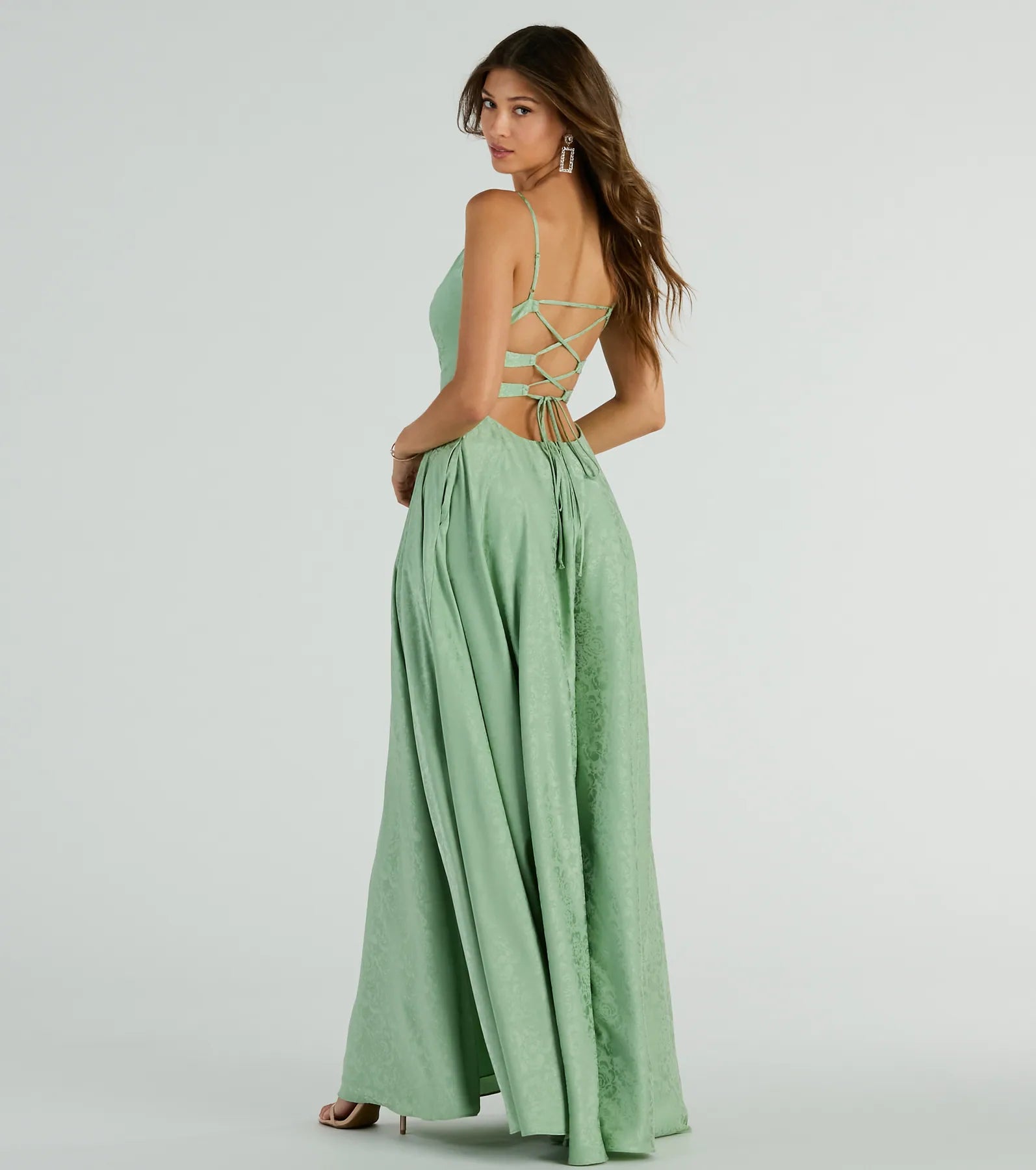 Silvia Lace-Up Floral Satin A-Line Formal Dress - SAGE