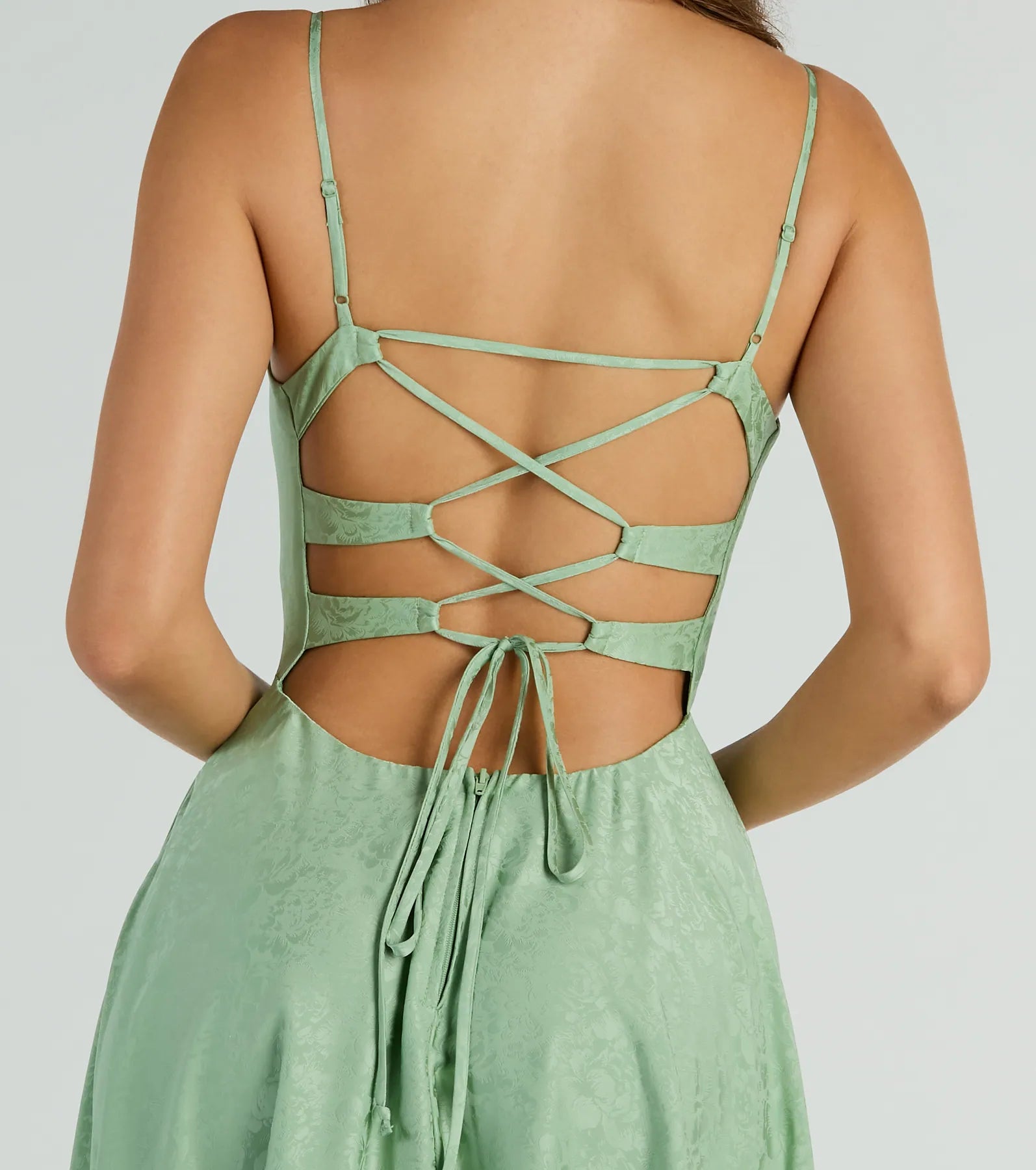 Silvia Lace-Up Floral Satin A-Line Formal Dress - SAGE