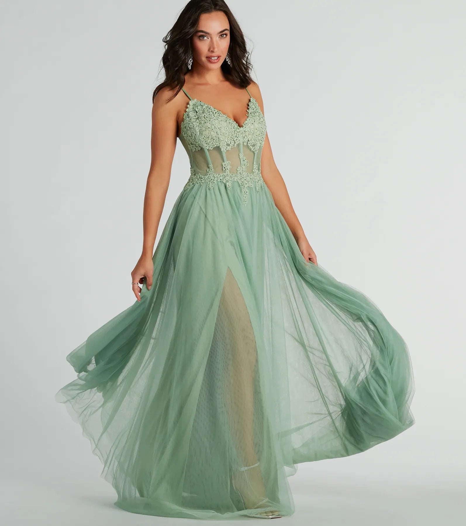 Fatima V-Neck Embroidered A-Line Tulle Dress - SAGE