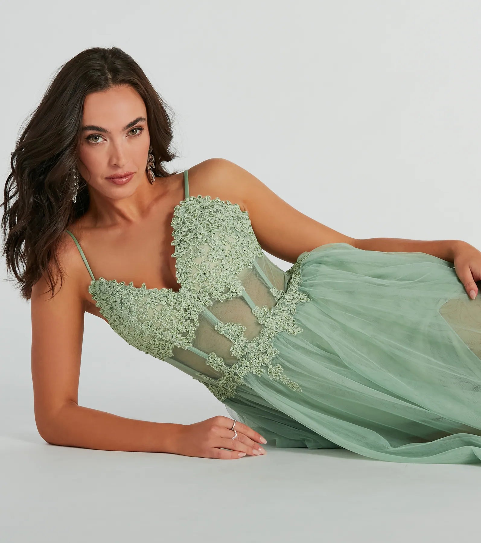 Fatima V-Neck Embroidered A-Line Tulle Dress - SAGE