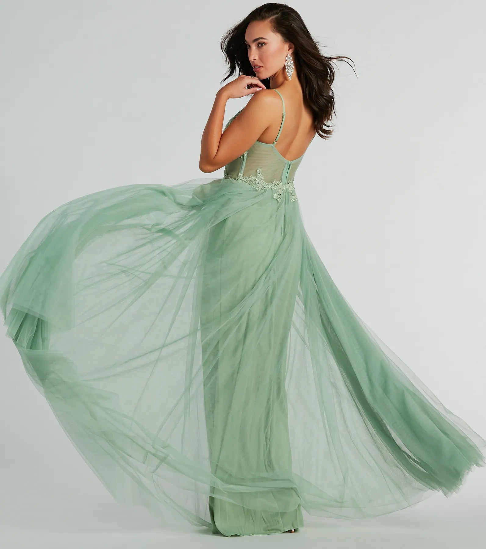 Fatima V-Neck Embroidered A-Line Tulle Dress - SAGE