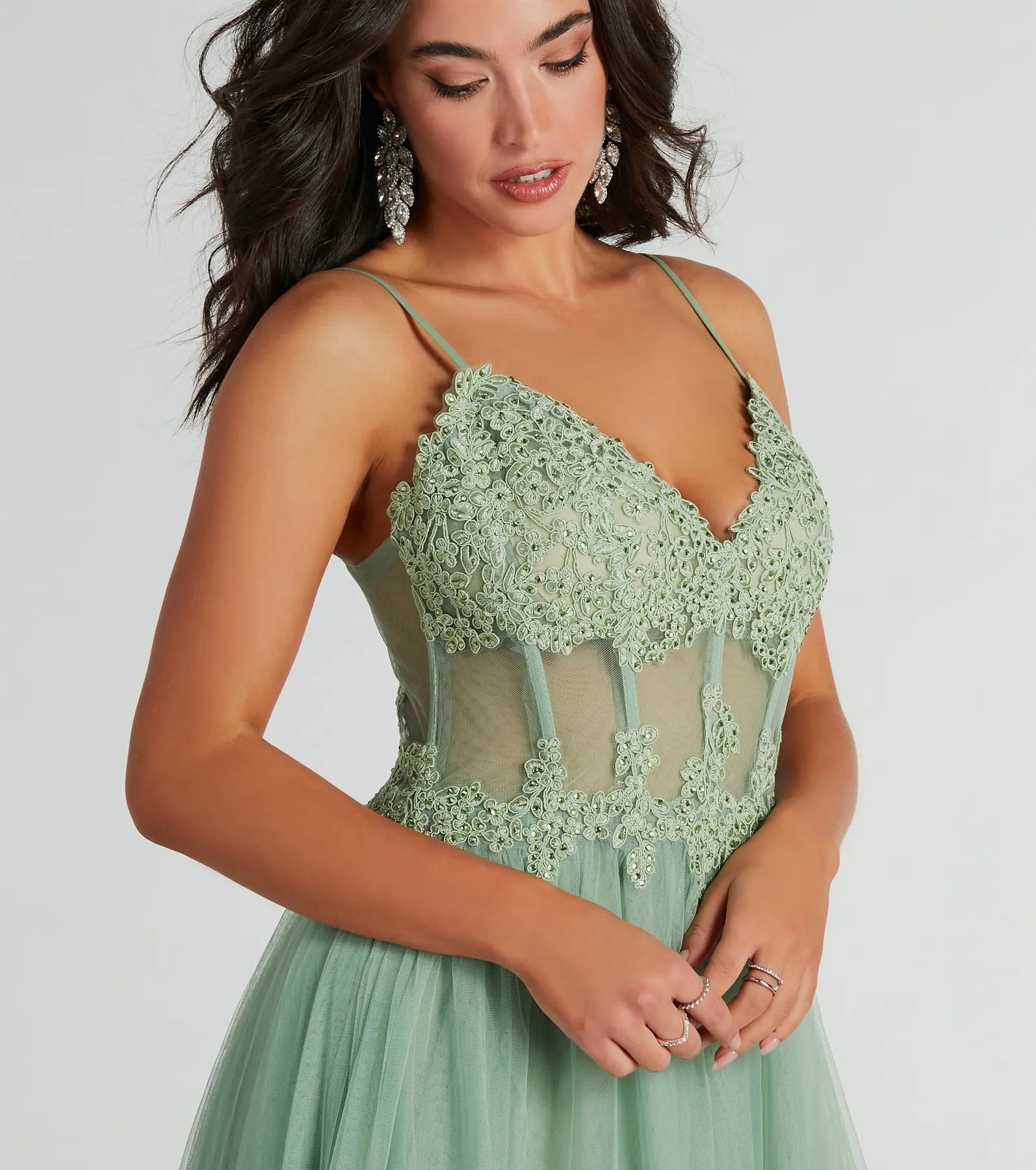 Fatima V-Neck Embroidered A-Line Tulle Dress - SAGE