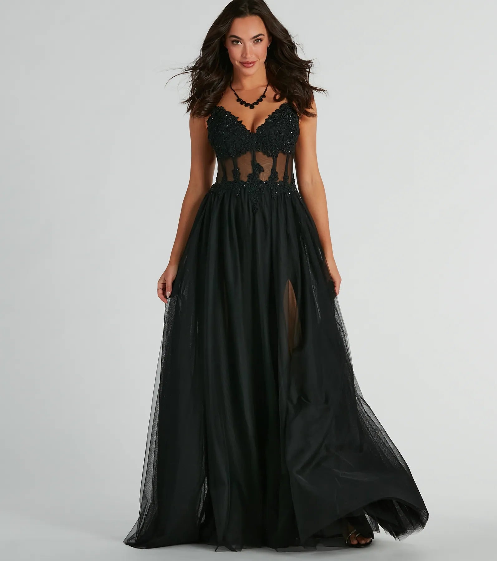 Fatima V-Neck Embroidered A-Line Tulle Dress - BLACK