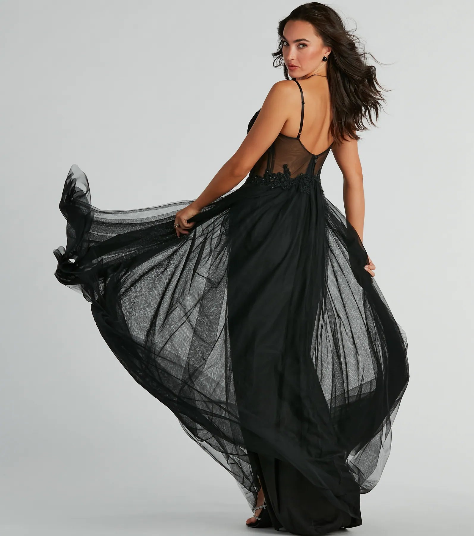 Fatima V-Neck Embroidered A-Line Tulle Dress - BLACK-2