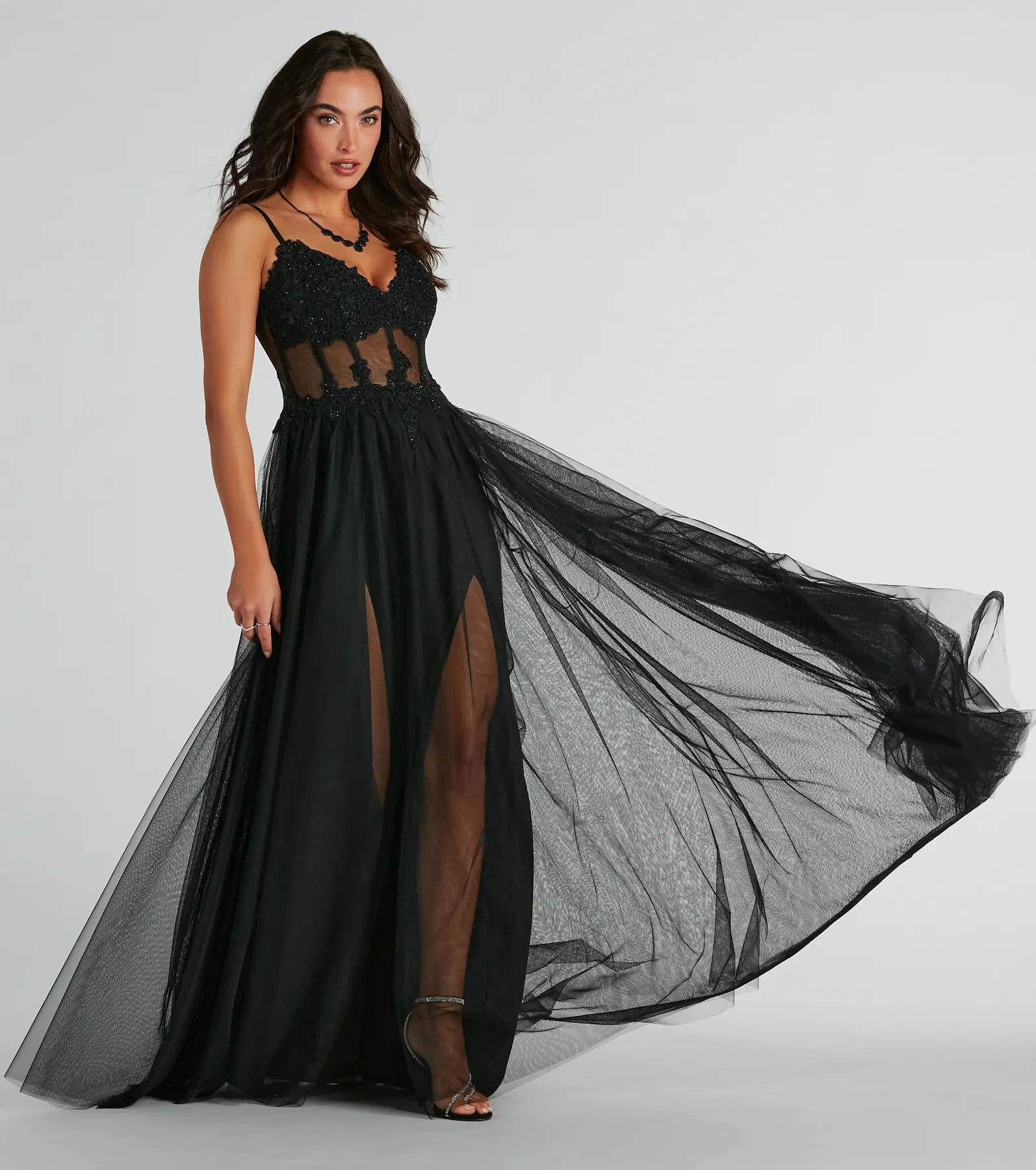 Fatima V-Neck Embroidered A-Line Tulle Dress - BLACK-2
