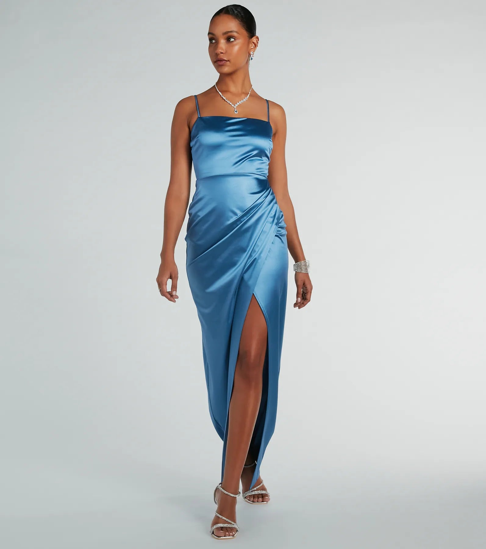 Mayra Formal Satin Slit Long Dress - DENIM