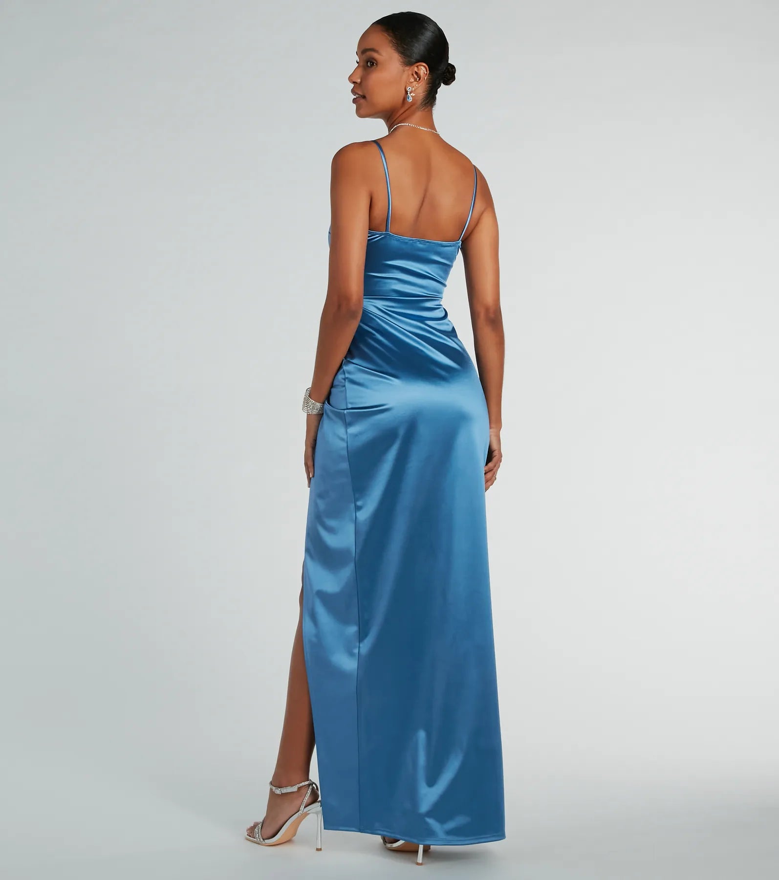 Mayra Formal Satin Slit Long Dress - DENIM