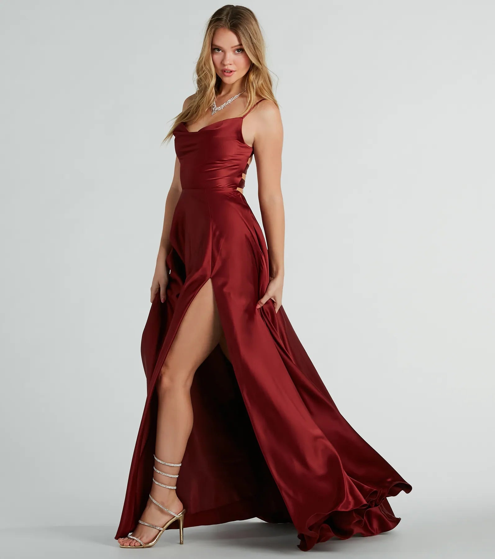 Winslow Formal Satin Lace-Up Dress - RUST