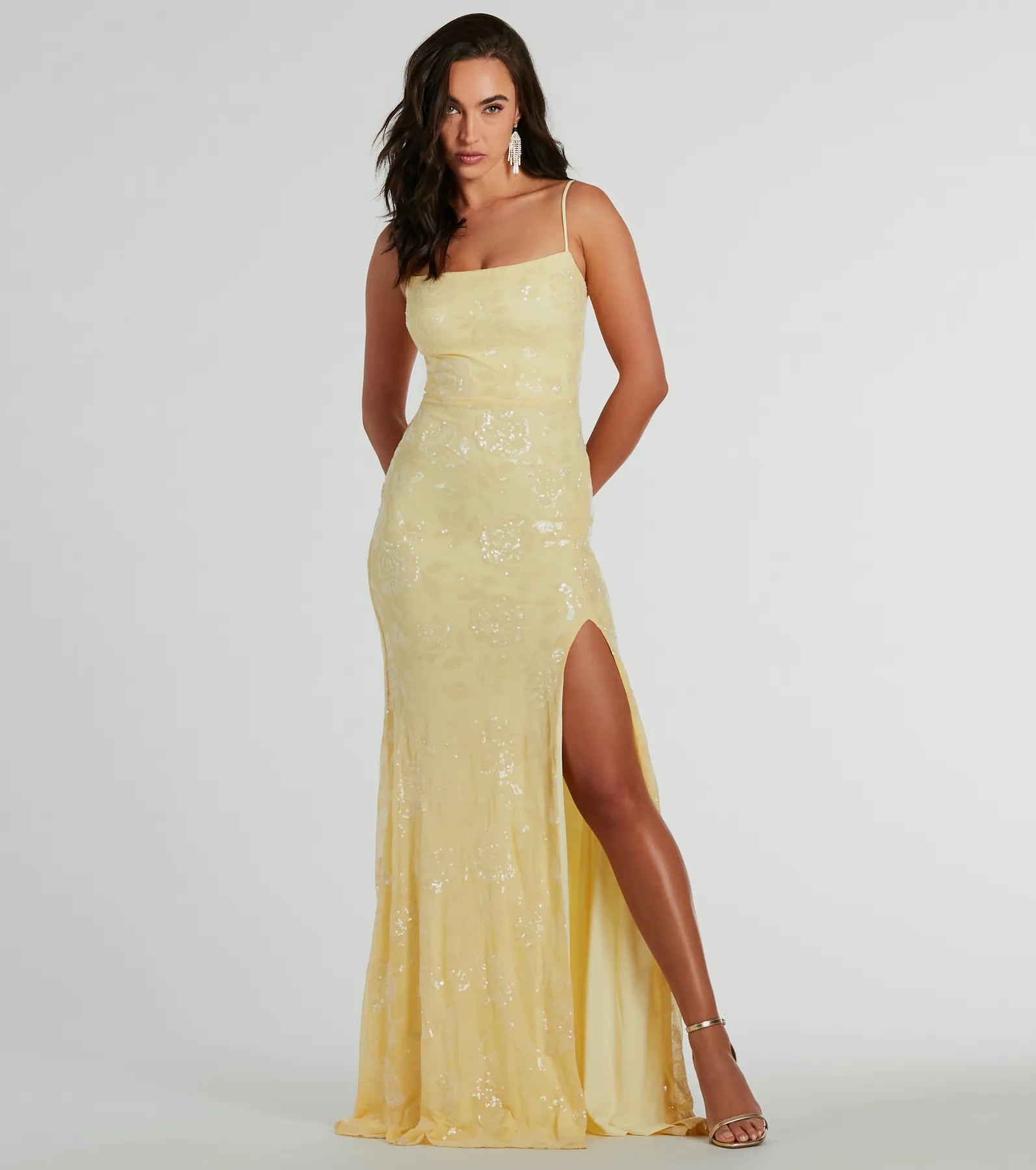Kimber High Slit Floral Sequin Mermaid Dress - YELLOW