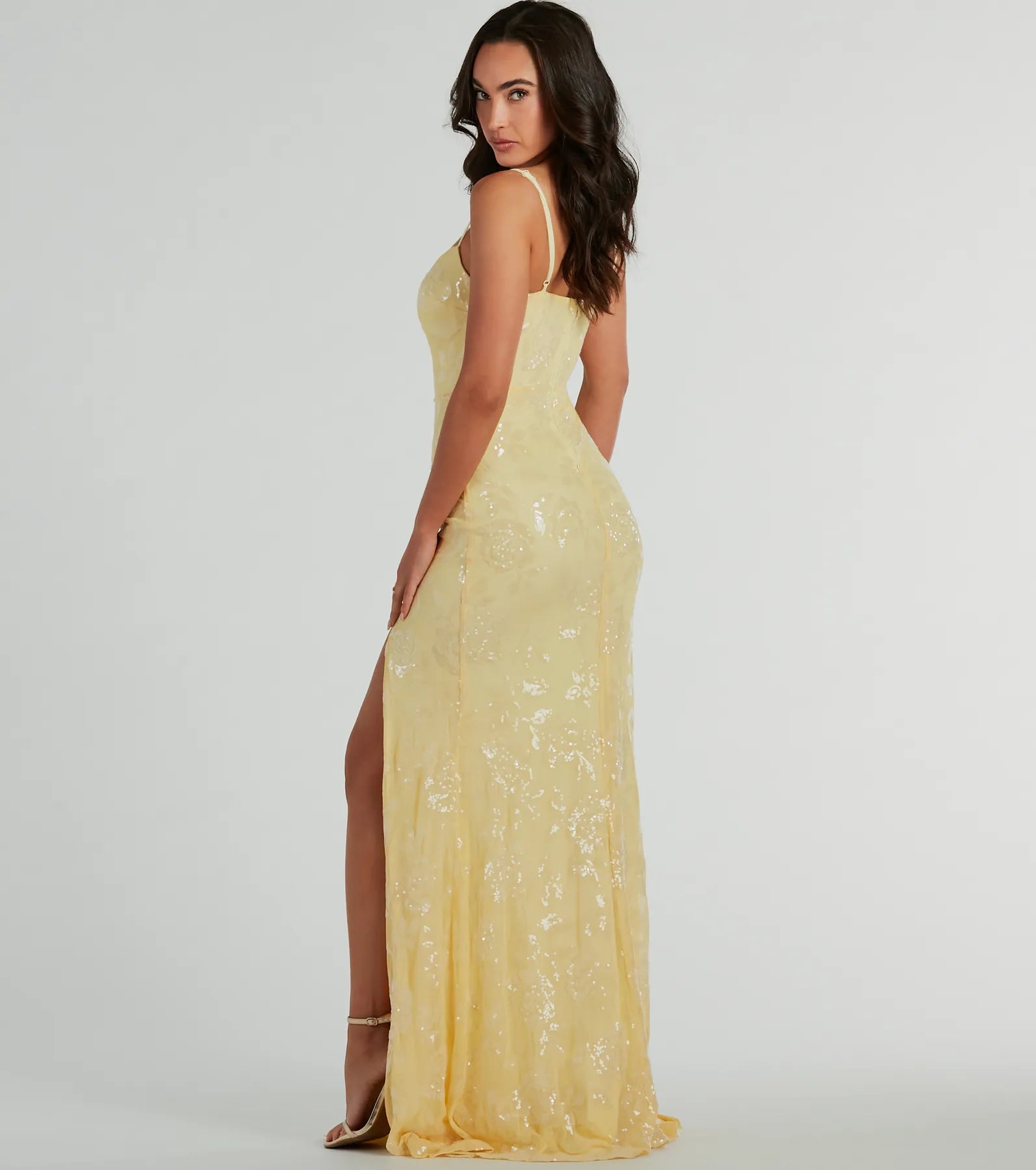 Kimber High Slit Floral Sequin Mermaid Dress - YELLOW