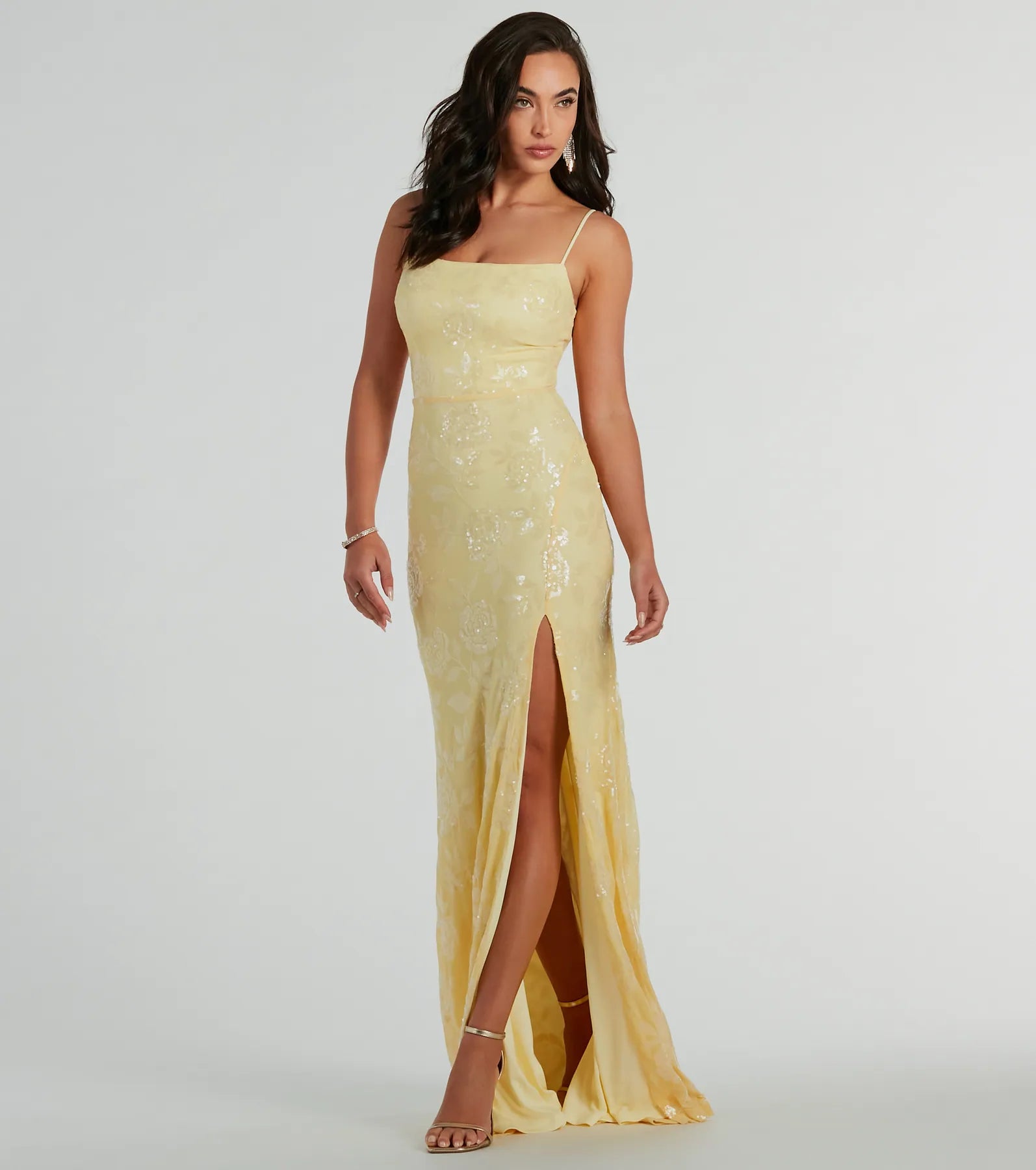 Kimber High Slit Floral Sequin Mermaid Dress - YELLOW