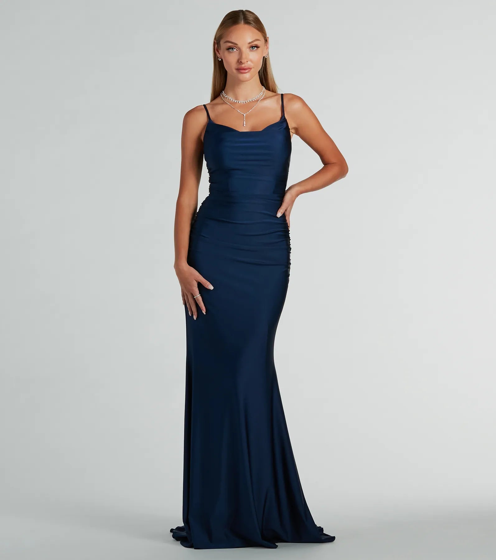 Alisa Lace Sequin Back Mermaid Formal Dress - NAVY