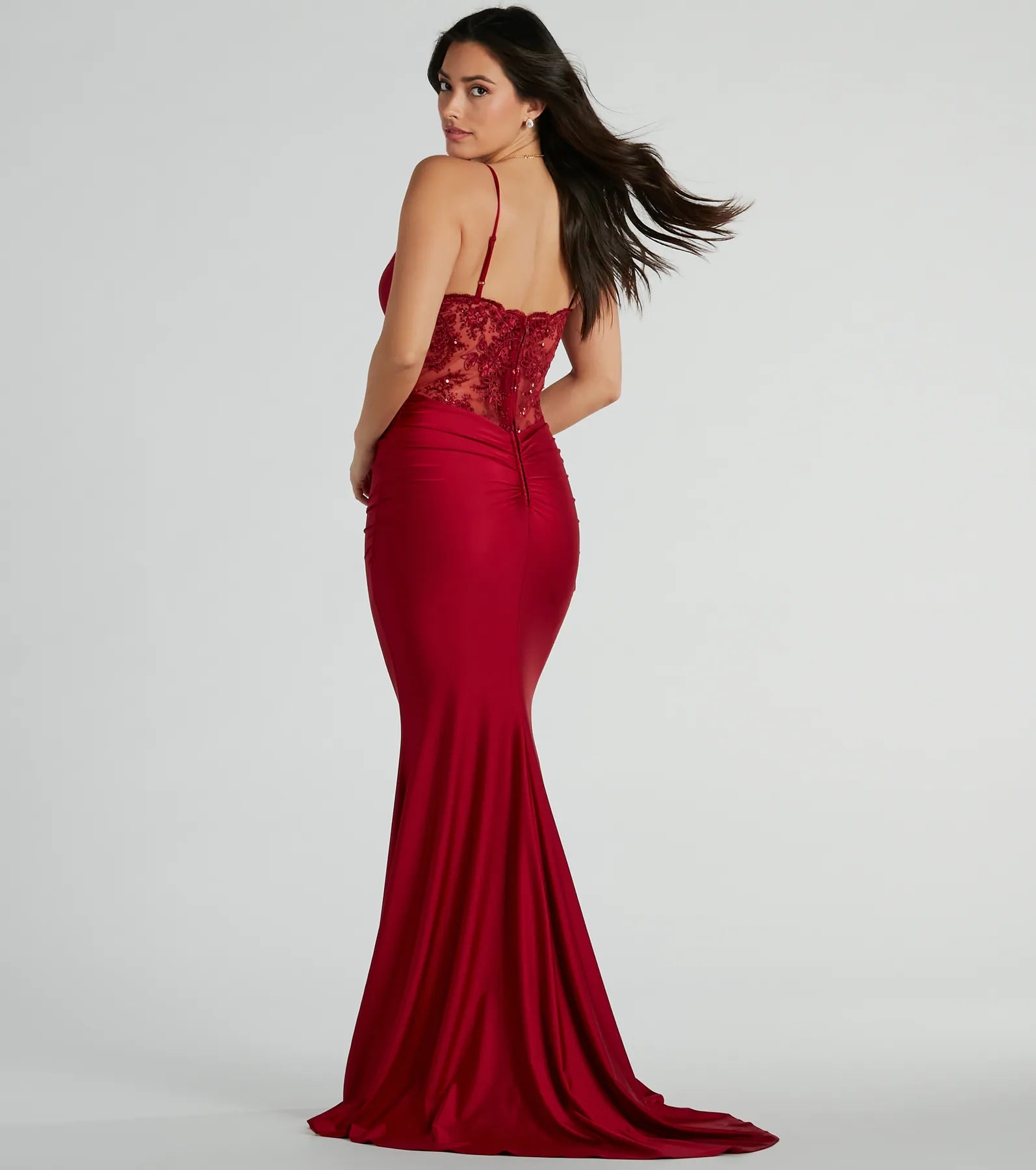 Alisa Lace Sequin Back Mermaid Formal Dress - WINE