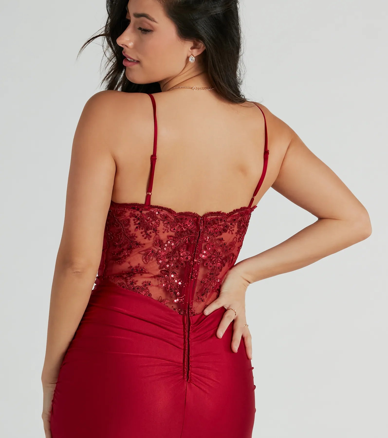 Alisa Lace Sequin Back Mermaid Formal Dress - WINE
