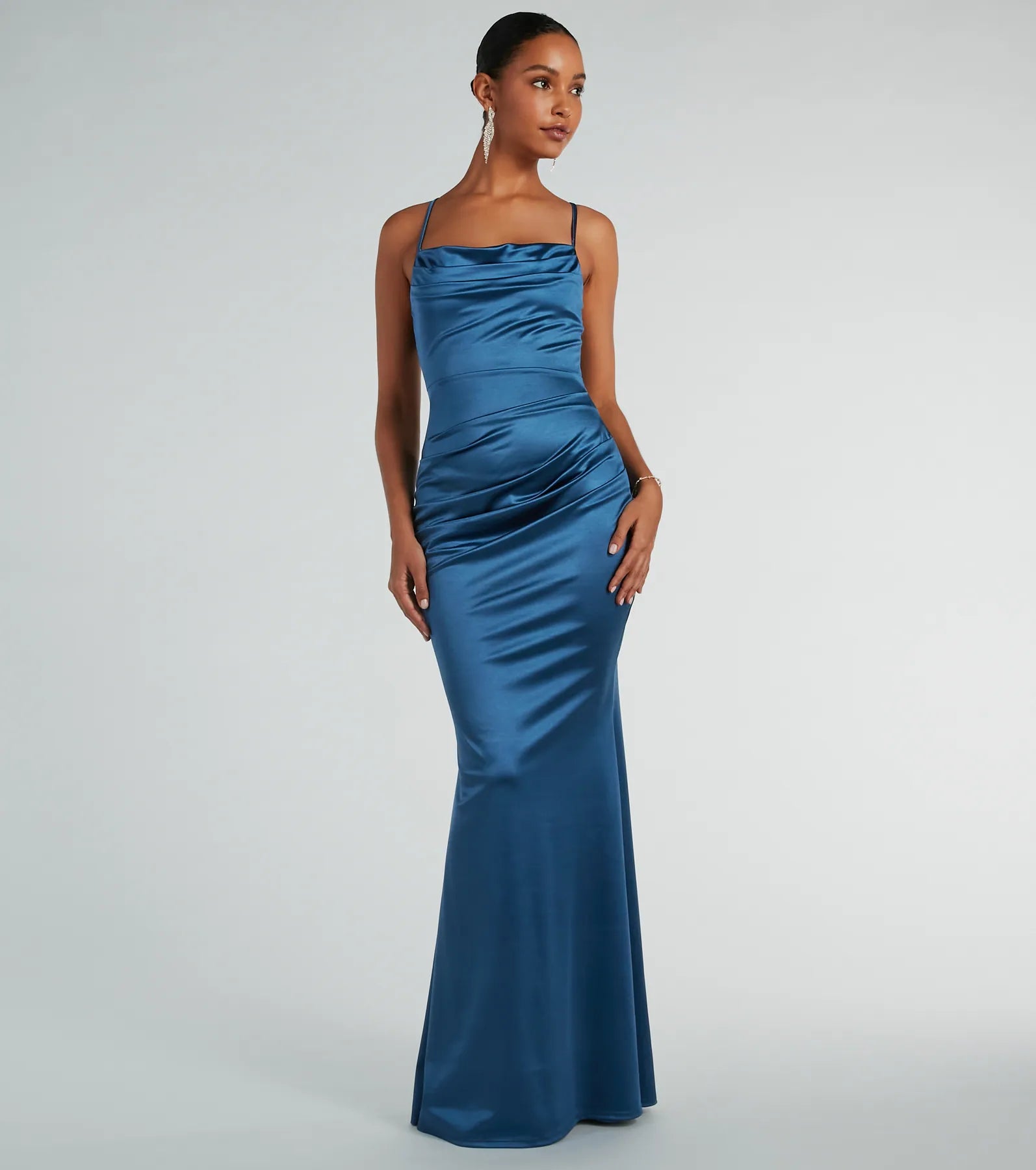 Courteney Cowl Neck Mermaid Satin Formal Dress - DENIM