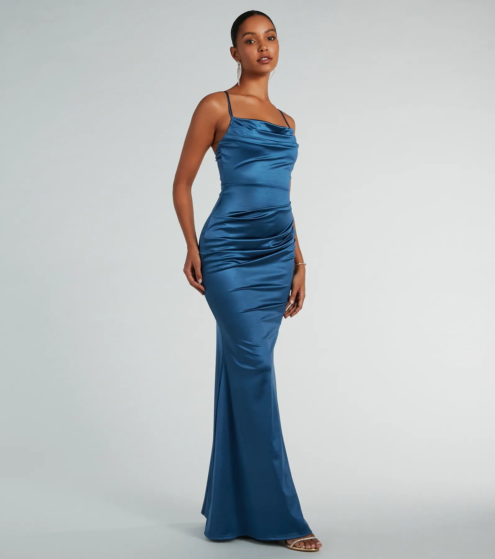 Courteney Cowl Neck Mermaid Satin Formal Dress - DENIM