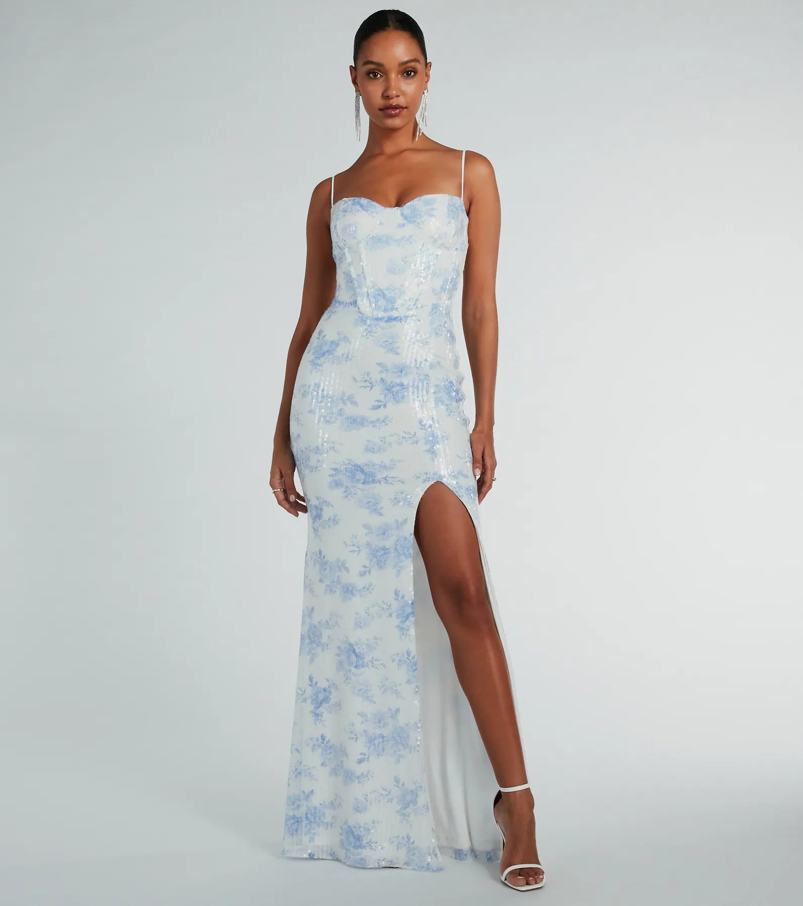 Corrine Corset A-Line Floral Sequin Formal Dress - LIGHT BLUE