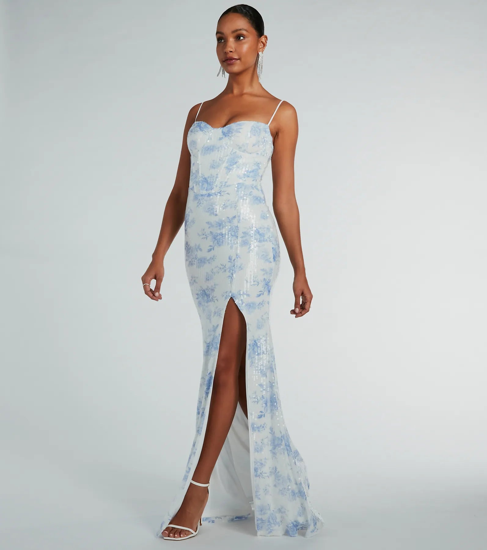 Corrine Corset A-Line Floral Sequin Formal Dress - LIGHT BLUE