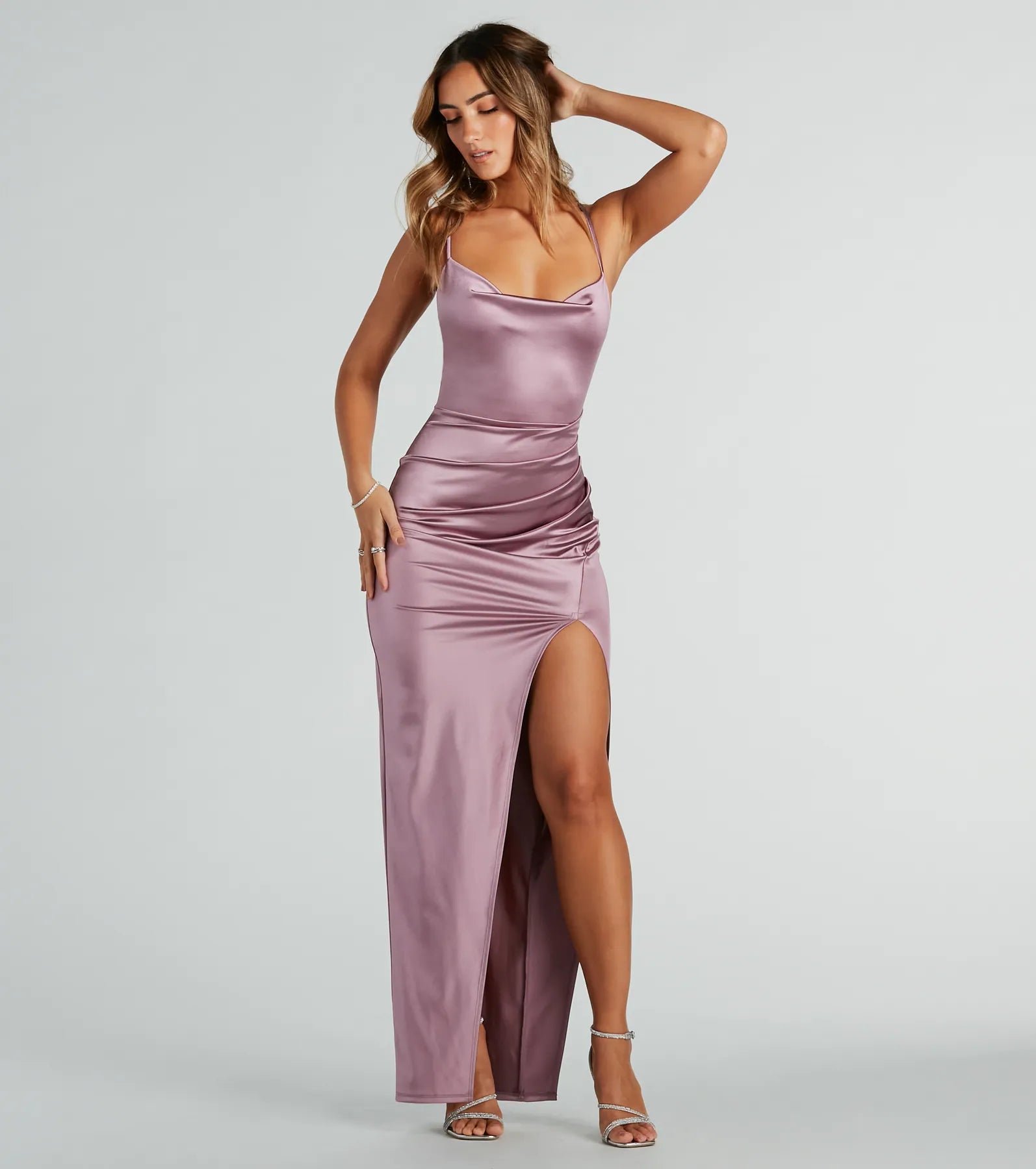 Stella Satin Cowl Neck High Slit Formal Dress - LAVENDER