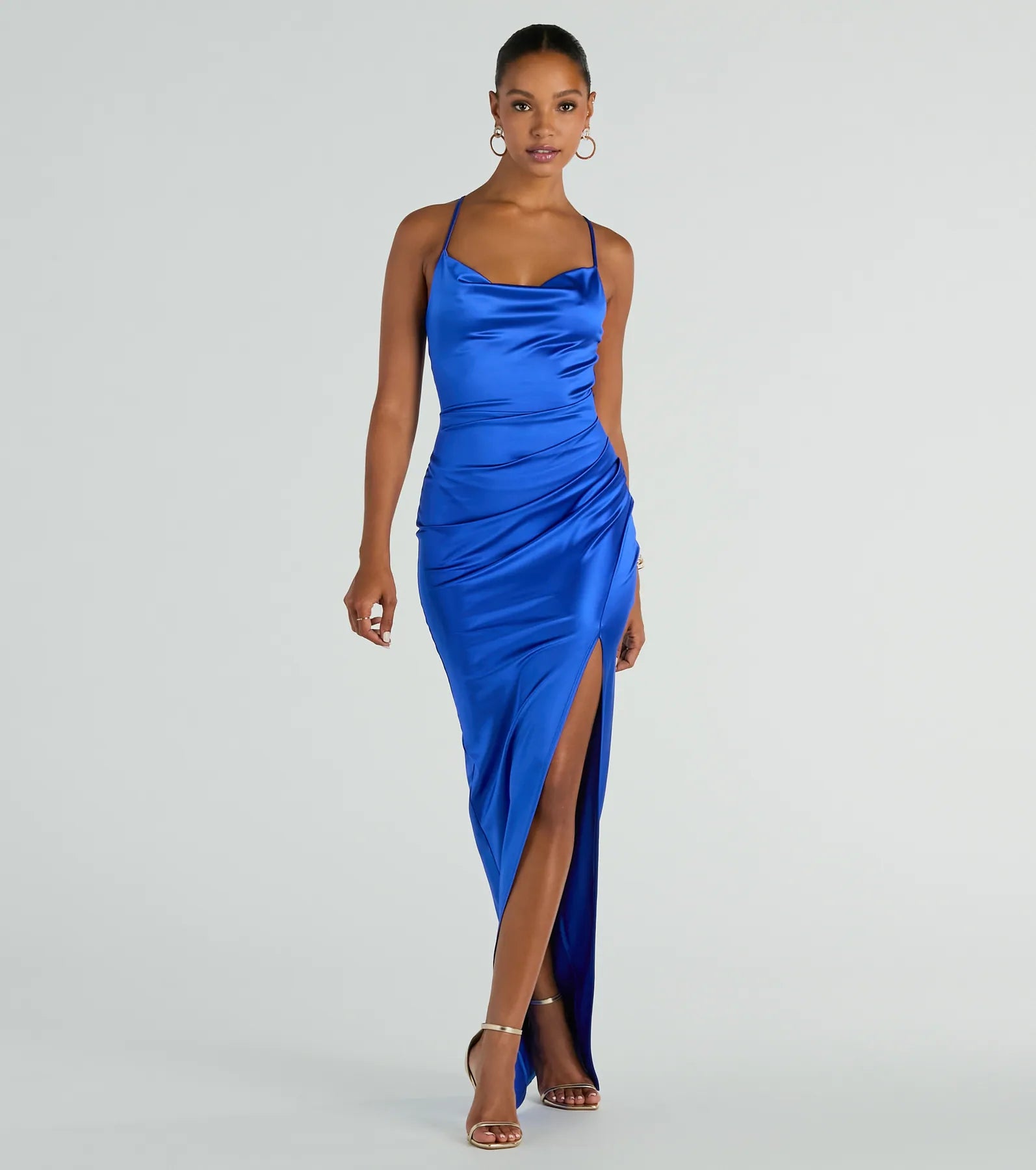 Stella Satin Cowl Neck High Slit Formal Dress - ROYAL