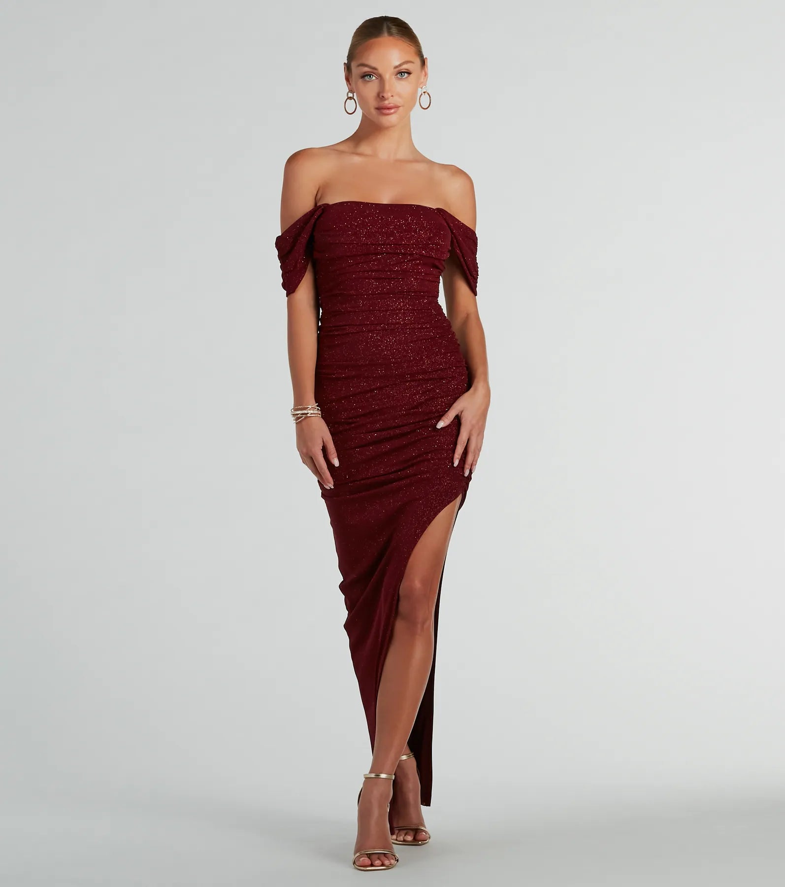 Kairi Off-The-Shoulder Glitter Mesh Formal Dress - WINE