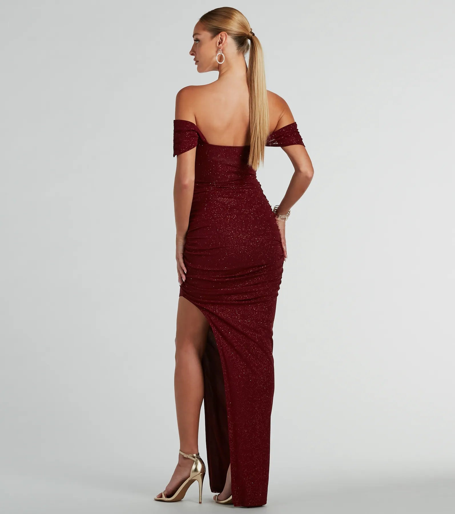 Kairi Off-The-Shoulder Glitter Mesh Formal Dress - WINE